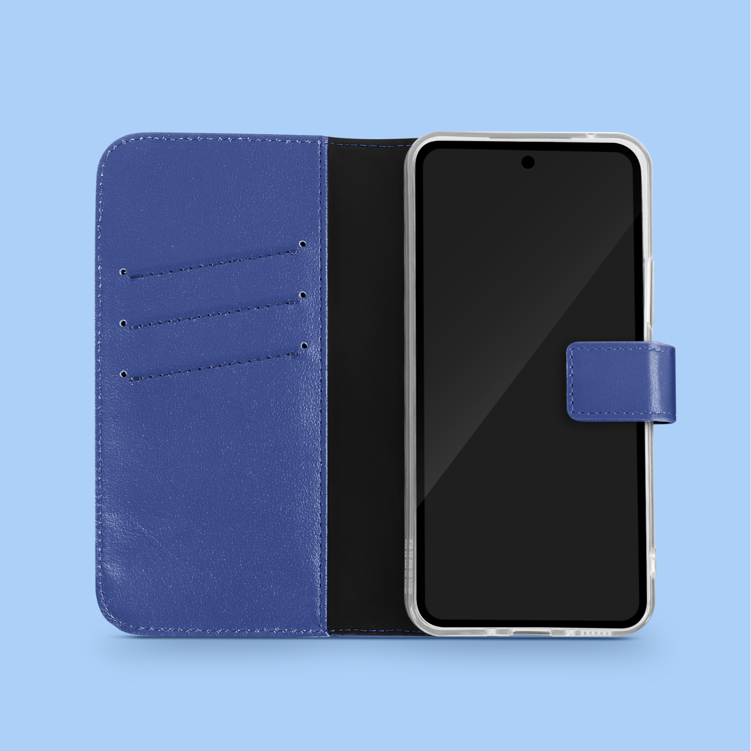 Blauwe telefoonhoes met telefoon erin. De telefoon is zwart, de hoes is open met een sluiting.