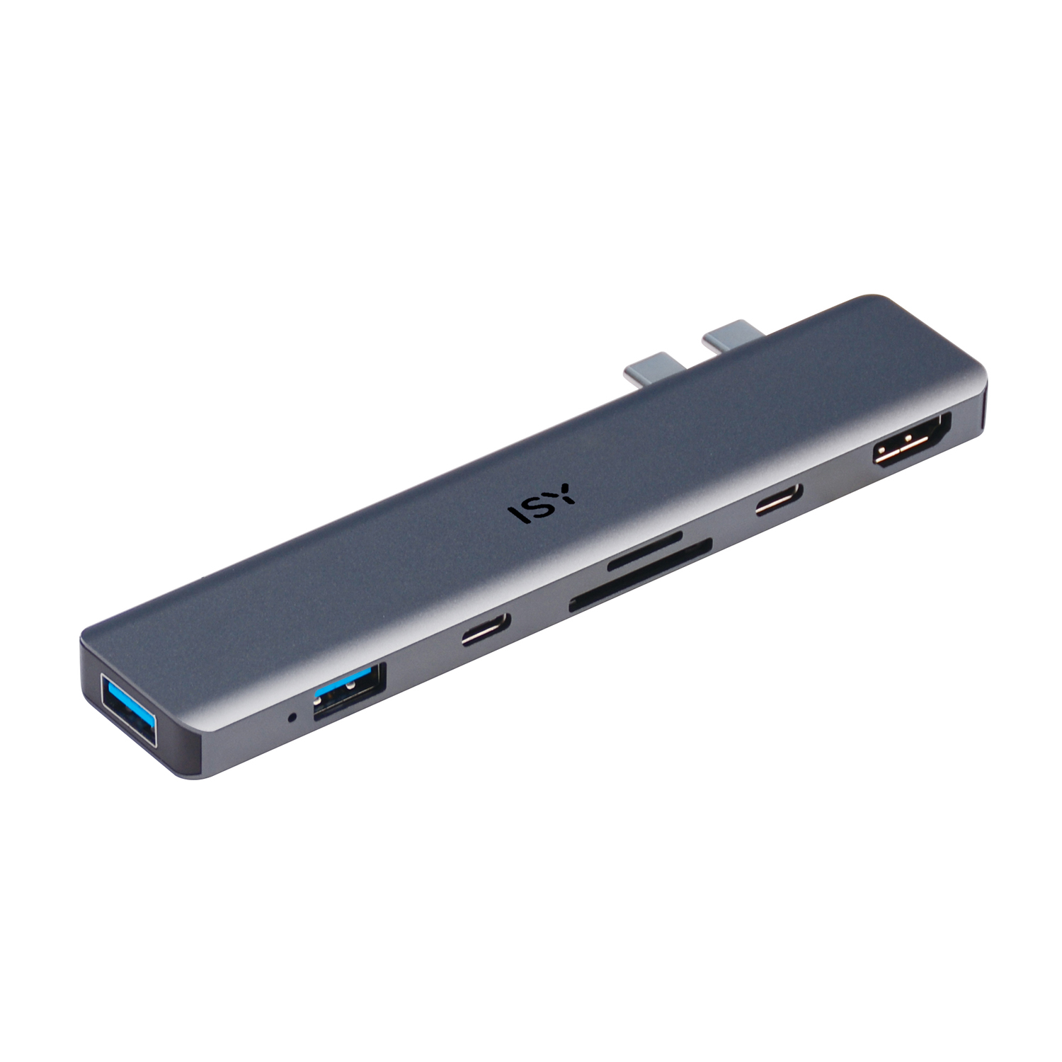 Hub USB ISY grigio con più porte. Sfondo bianco.