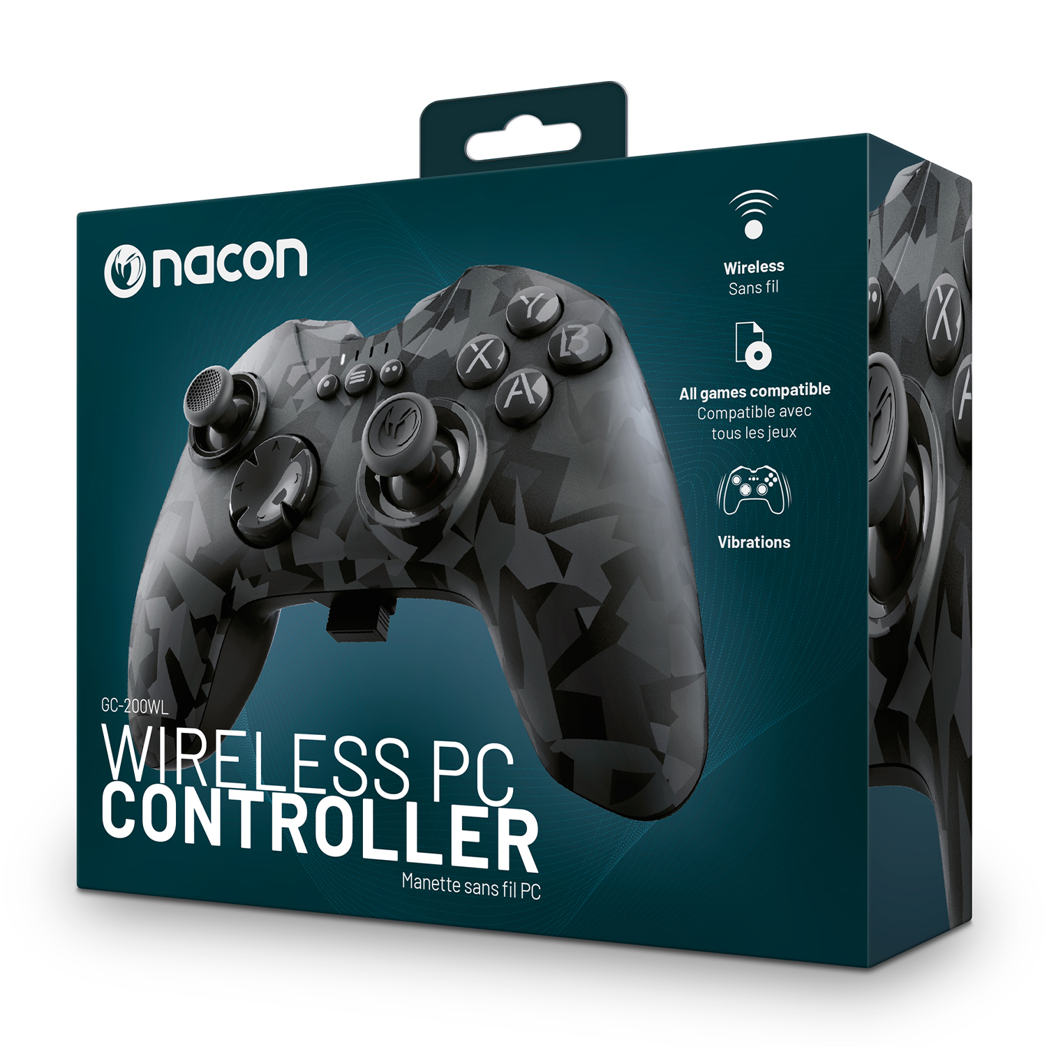 Controller PC wireless nero e grigio in una scatola blu e nera, con il logo Nacon.