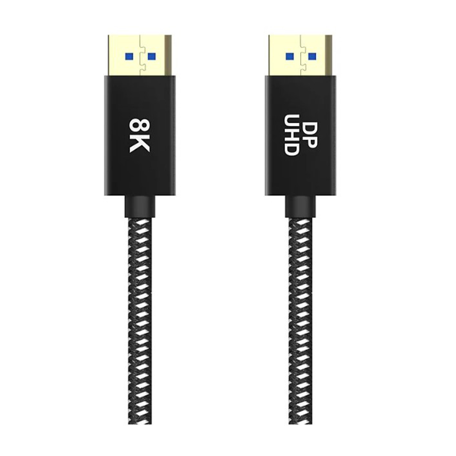 Due cavi DisplayPort neri con connettori, etichettati '8K' e 'DP UHD'.