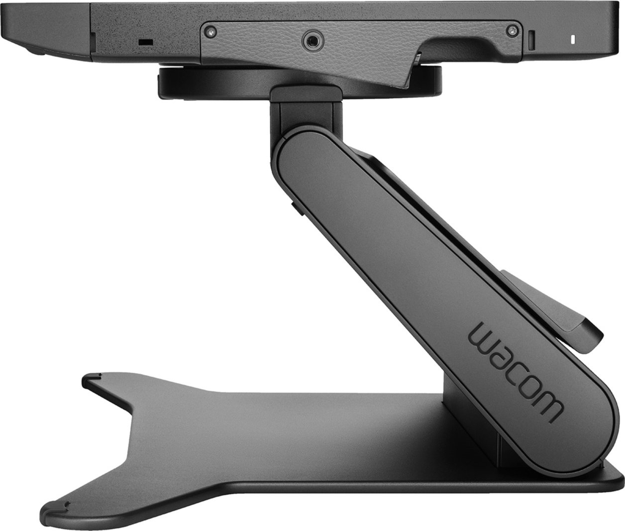 Ein schwarzes Wacom-Gerät auf einem Ständer, nach oben abgewinkelt, vor weißem Hintergrund.