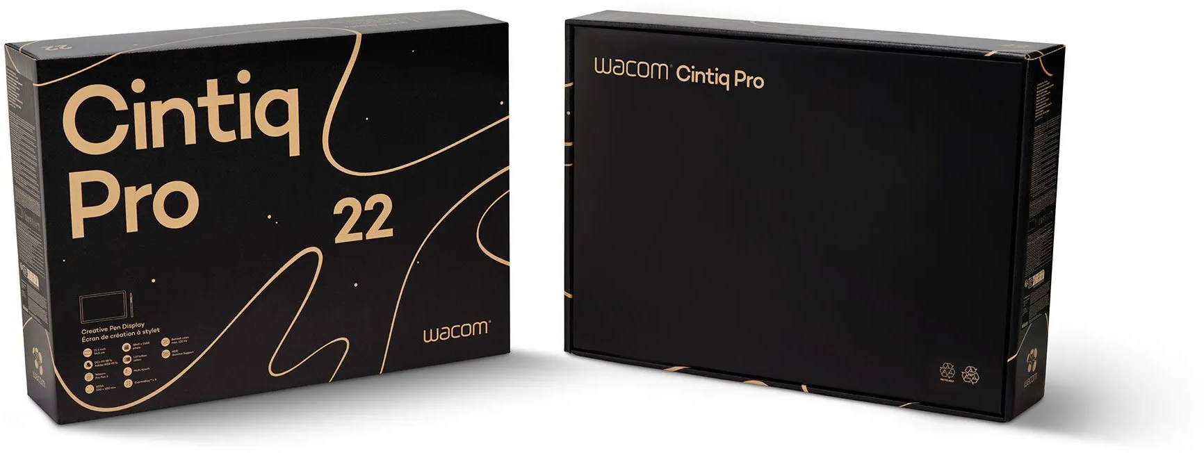 Schwarzer Cintiq Pro 22 Karton mit goldfarbenem Text. Wacom-Logo und Produktinfo vorne.