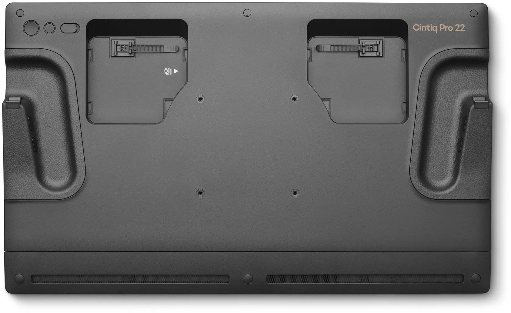 Rückseite eines Wacom Cintiq Pro 22 Tablets. Schwarz mit Befestigungshardware.