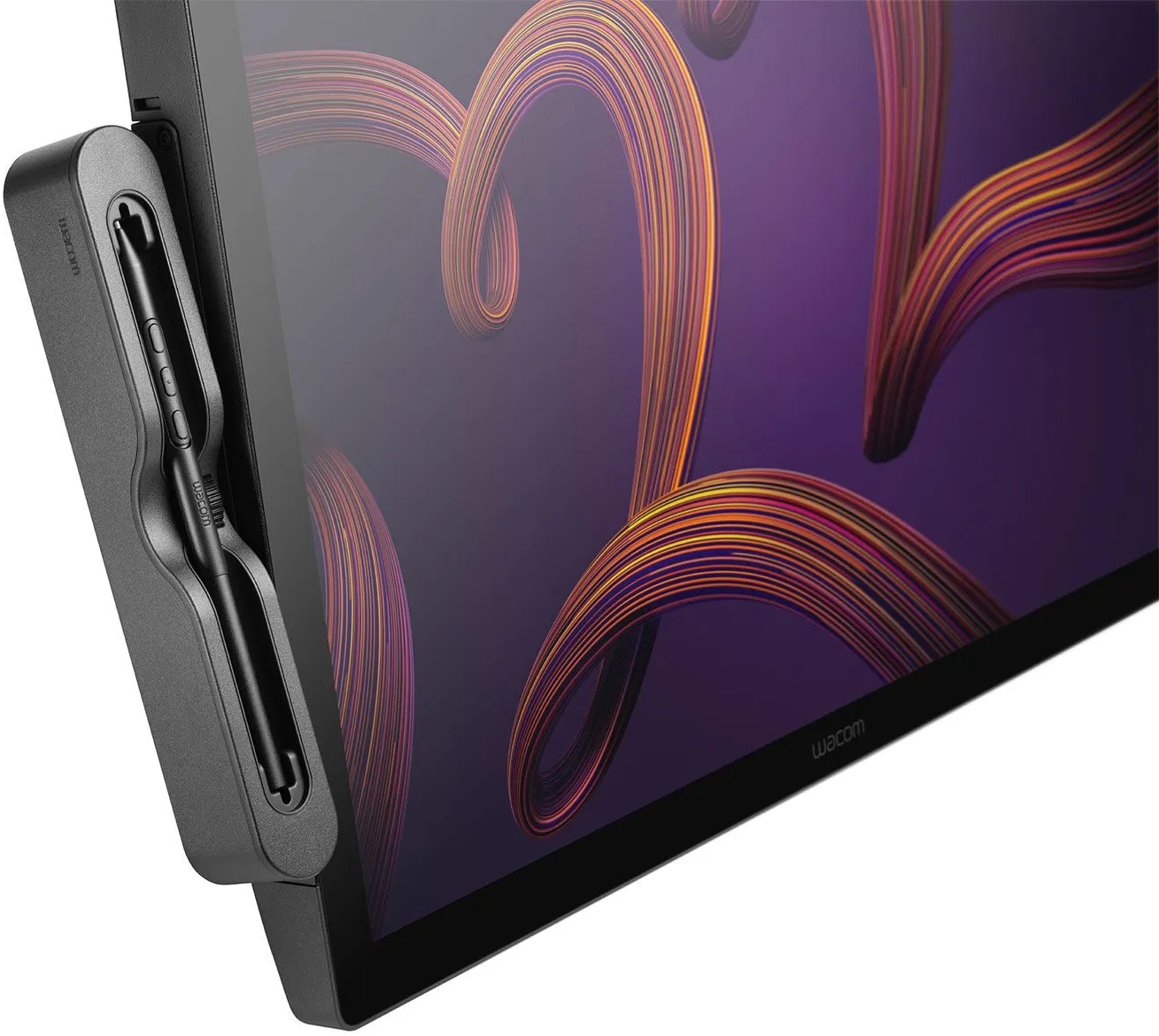 Schwarzer Stift in einer Halterung an einem Tablet befestigt. Der Bildschirm zeigt farbenfrohe, abstrakte, gebogene Linien.