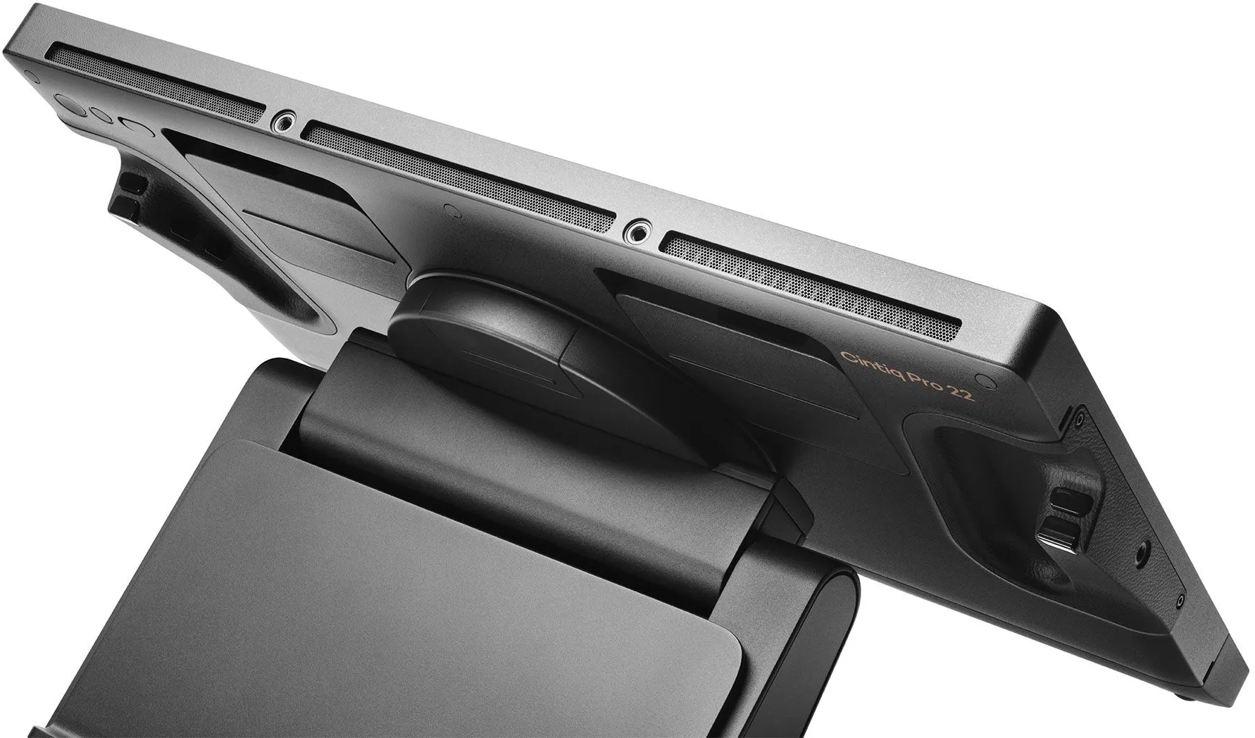 Schwarzer Tablet-Monitor mit Ständer, leicht geneigt, auf weißem Hintergrund.