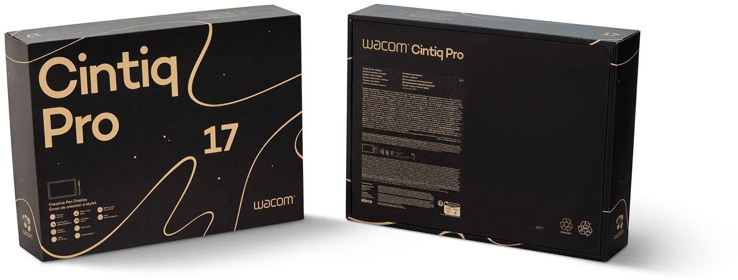 Wacom Cintiq Pro 17 Karton: Vorder- und Rückansicht. Schwarzer Karton mit weißem Text und Grafik.