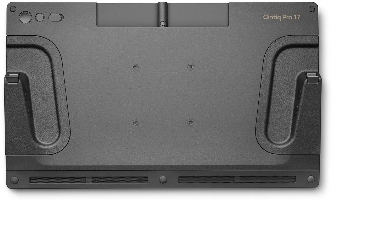 Draufsicht auf ein schwarzes Cintiq Pro 17 Tablet, zeigt Anschlüsse und strukturierte Oberfläche.