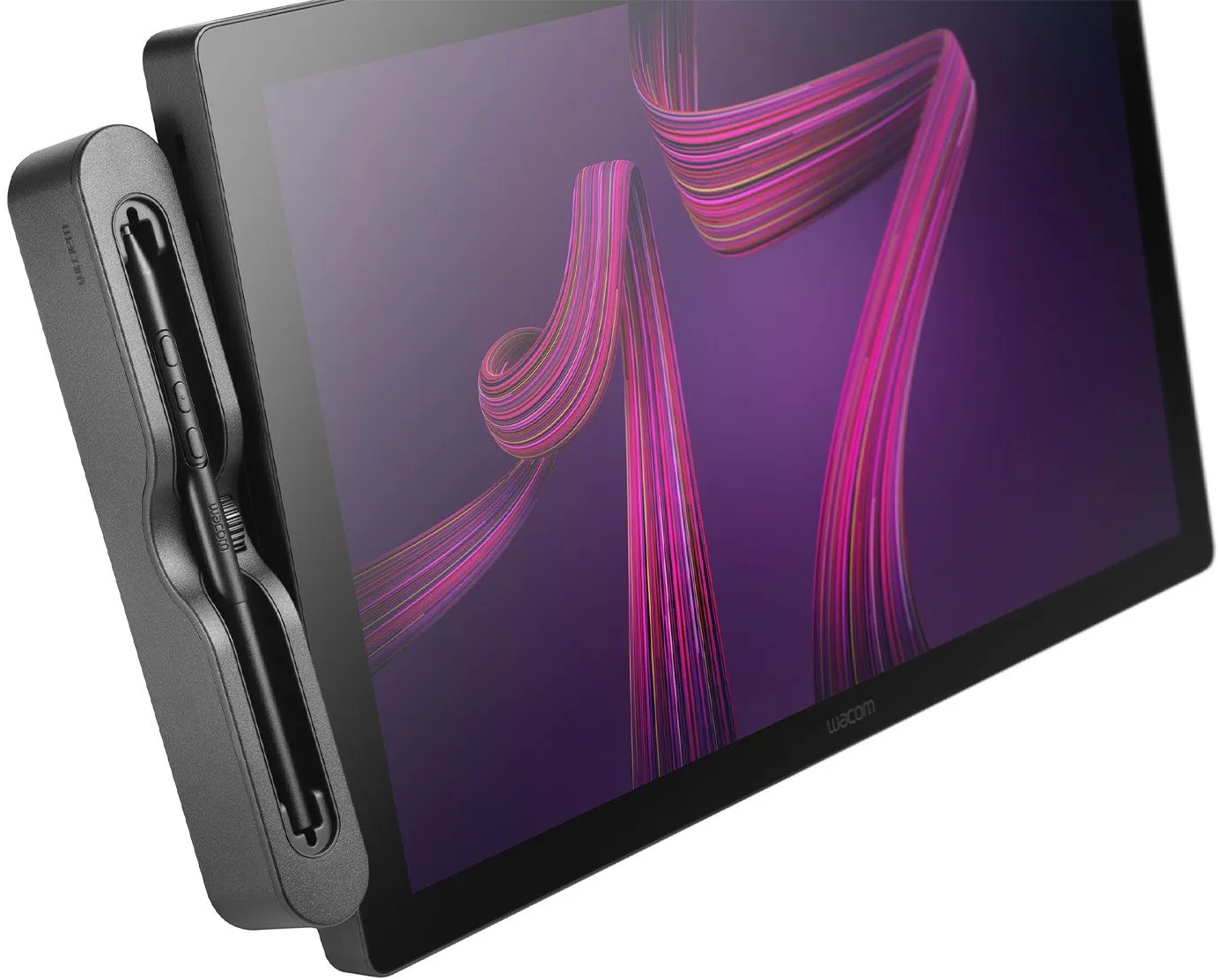 Tablet mit Stift und Halterung, abstrakter rosa-violetter Hintergrund.