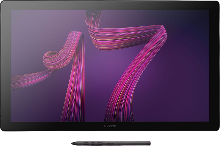 Wacom Cintiq 17 Tablet mit Stift. Ein lila-rosa bandartiges Design auf dem Bildschirm.