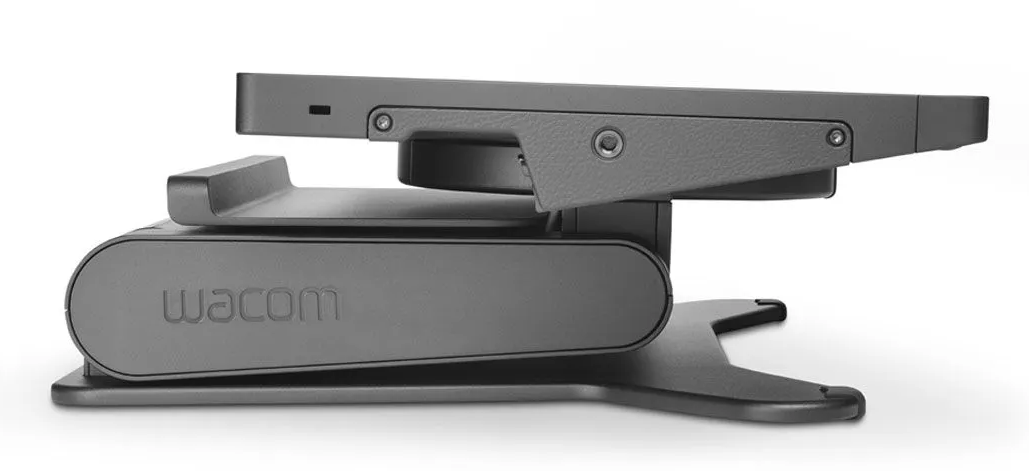 Grauer Wacom Tablet-Ständer mit einem Tablet.