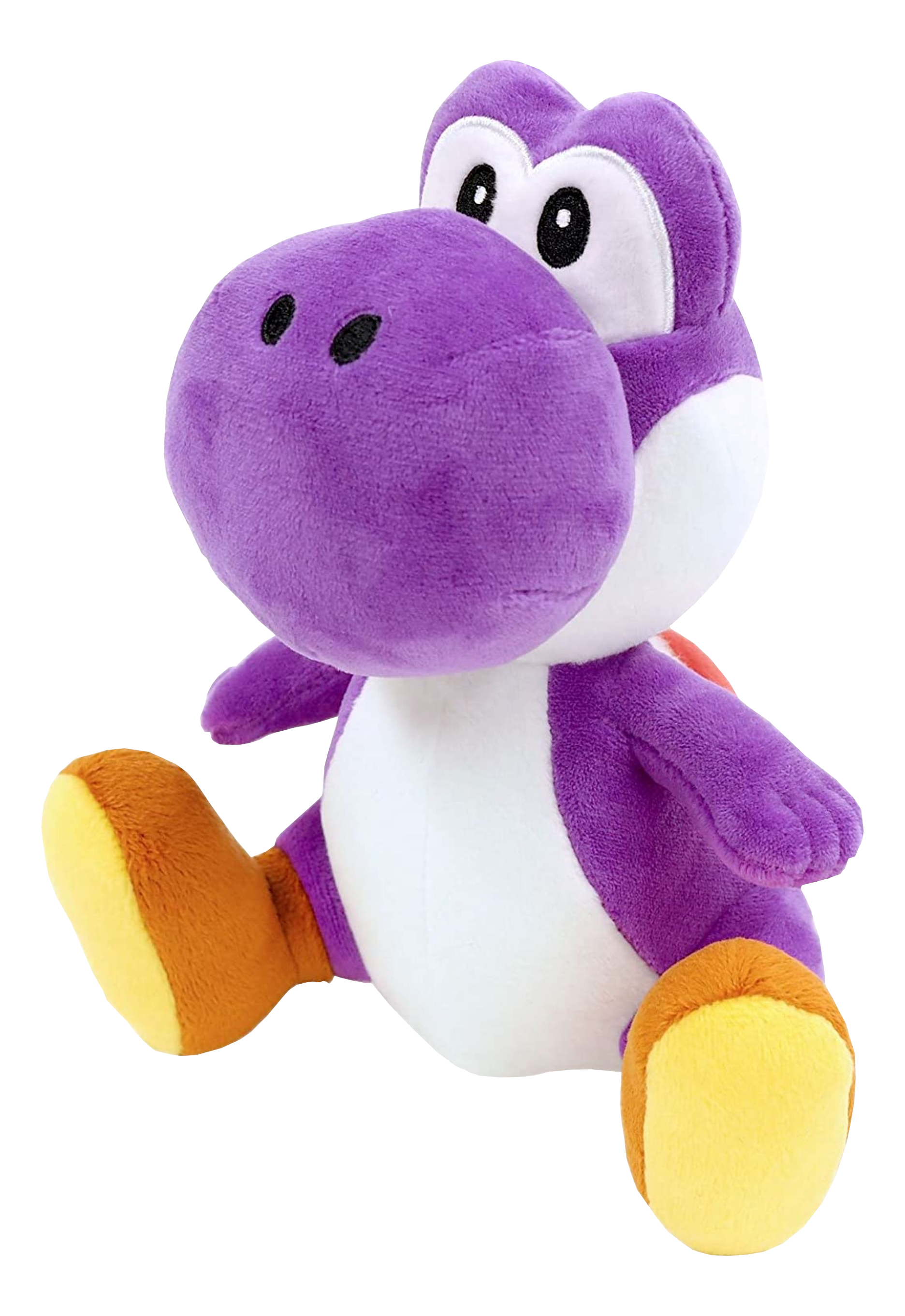 Lila Yoshi-Plüschtier mit orangefarbenen Füßen, sitzend auf schwarzem Hintergrund.
