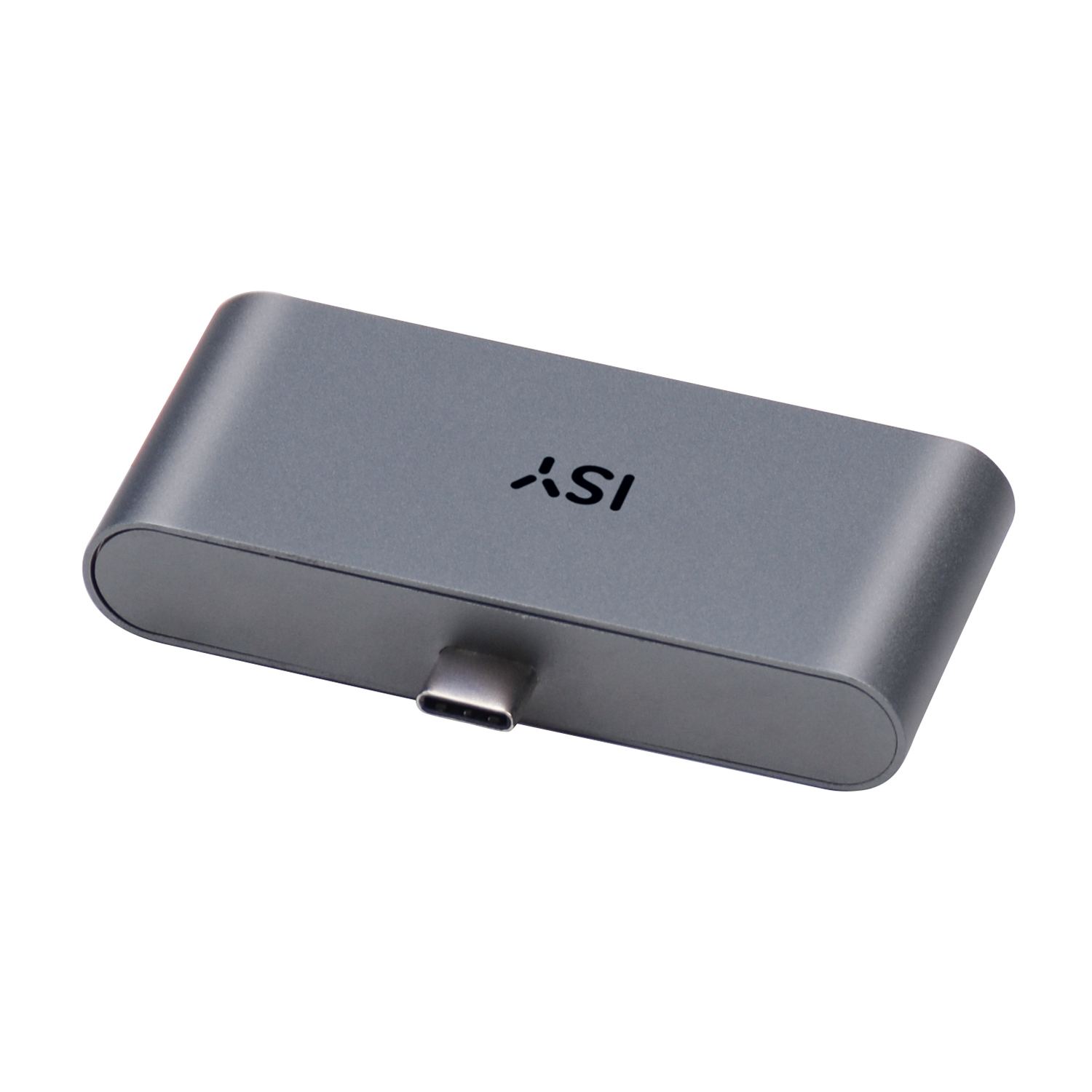 Un dispositivo rettangolare argentato con una porta USB-C, la parola 'ISY' è visibile sulla superficie superiore.