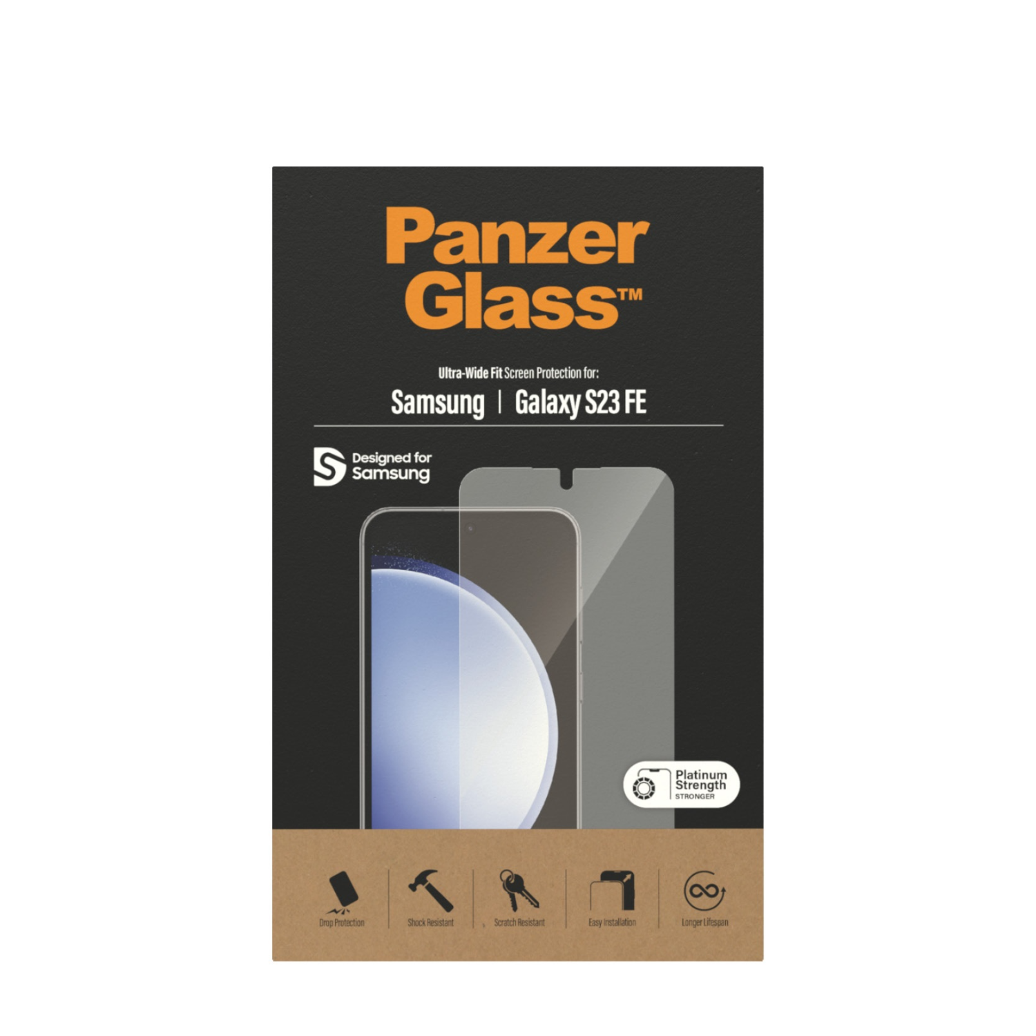 PanzerGlass schermbeschermer doos met een telefoon afbeelding en productinfo.