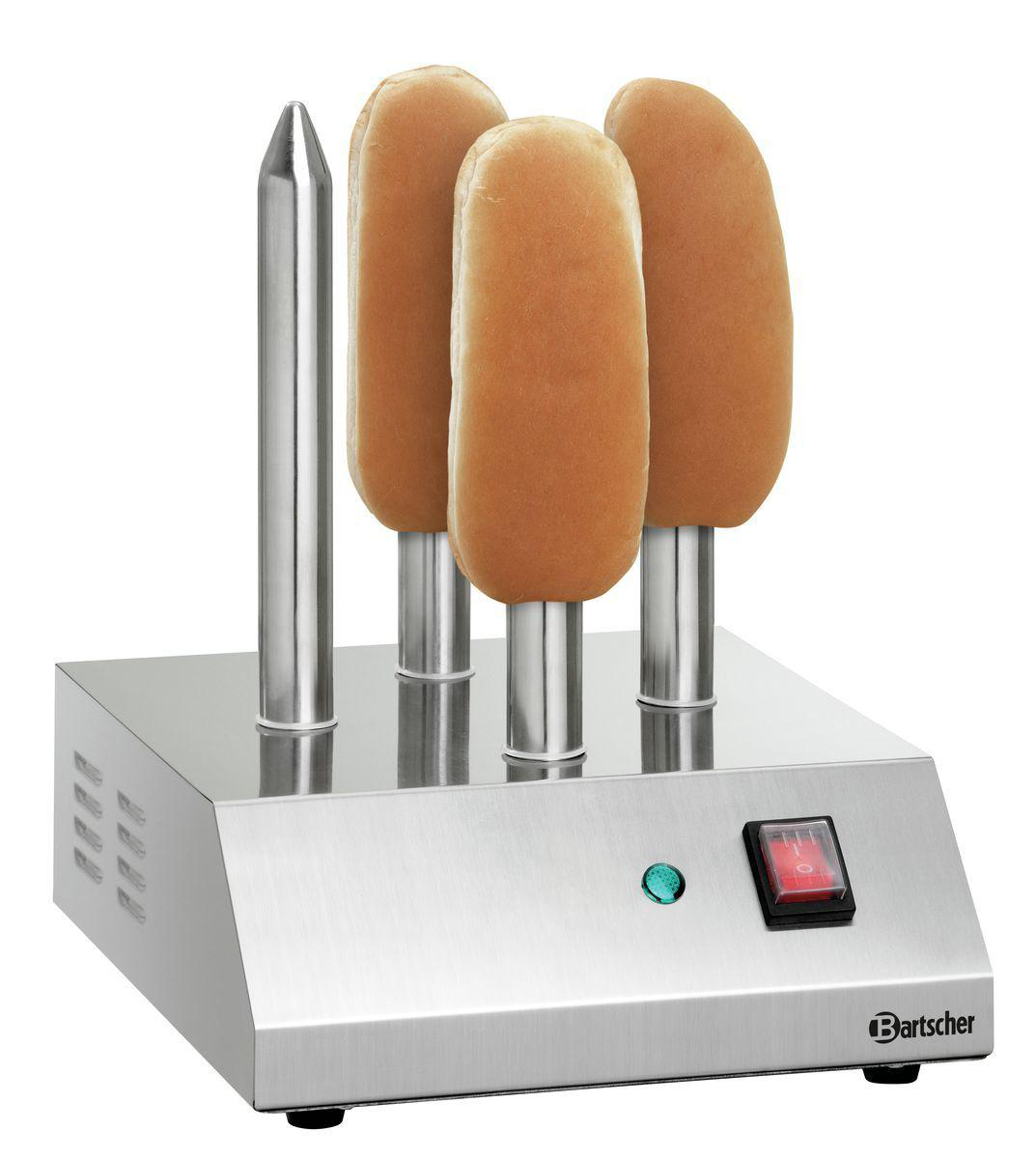 Hotdog-Wärmer mit drei Brötchen auf Spießen. Silberne Basis und roter Ein-/Ausschalter.