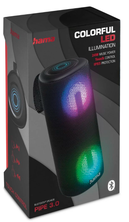 Schwarze Lautsprecherbox mit bunten LED-Lichtern, auf einer Box mit Kopfhörerbild.