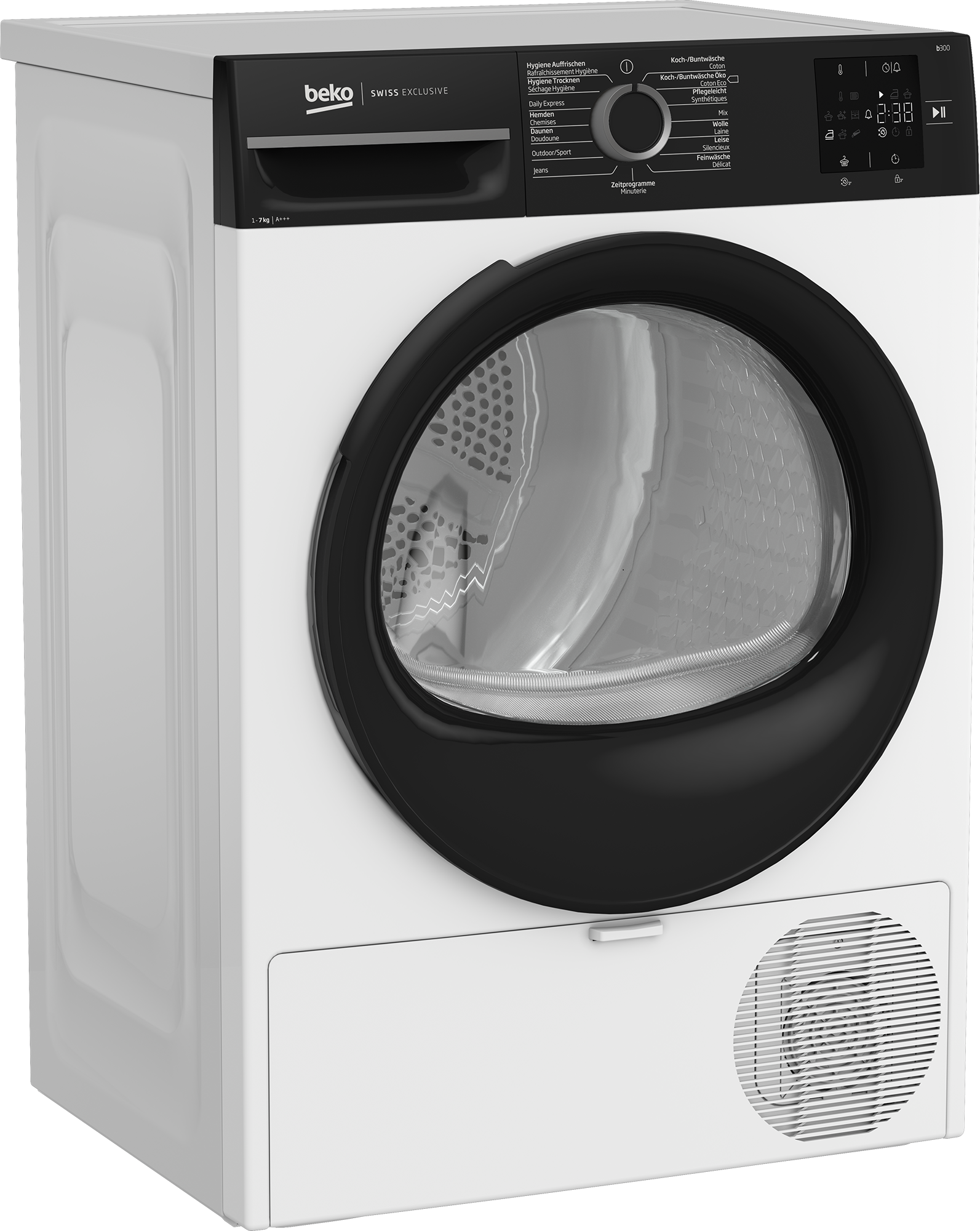 Asciugatrice Beko bianca. Porta e pannello neri, con base bianca.