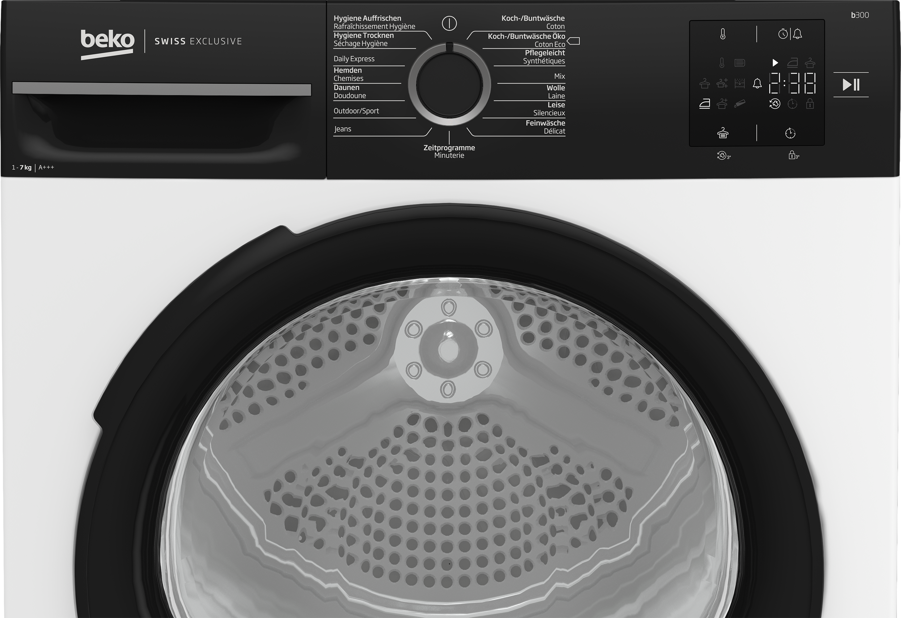 Una lavatrice Beko nera con un cestello bianco e un pannello di controllo che mostra un timer.
