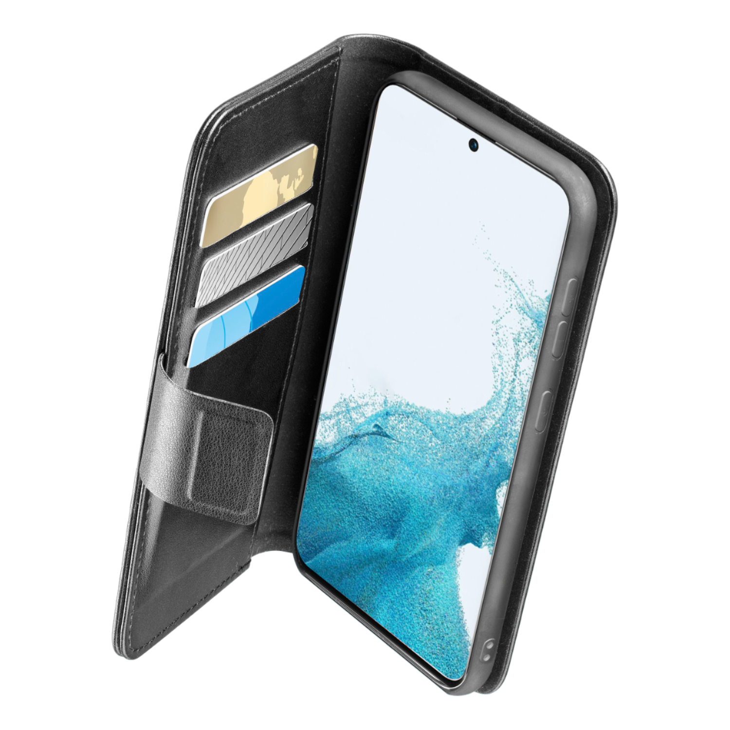 Zwarte telefoonhoes open, met een telefoon met een scherm en kaartsleuven, tegen een donkere achtergrond.