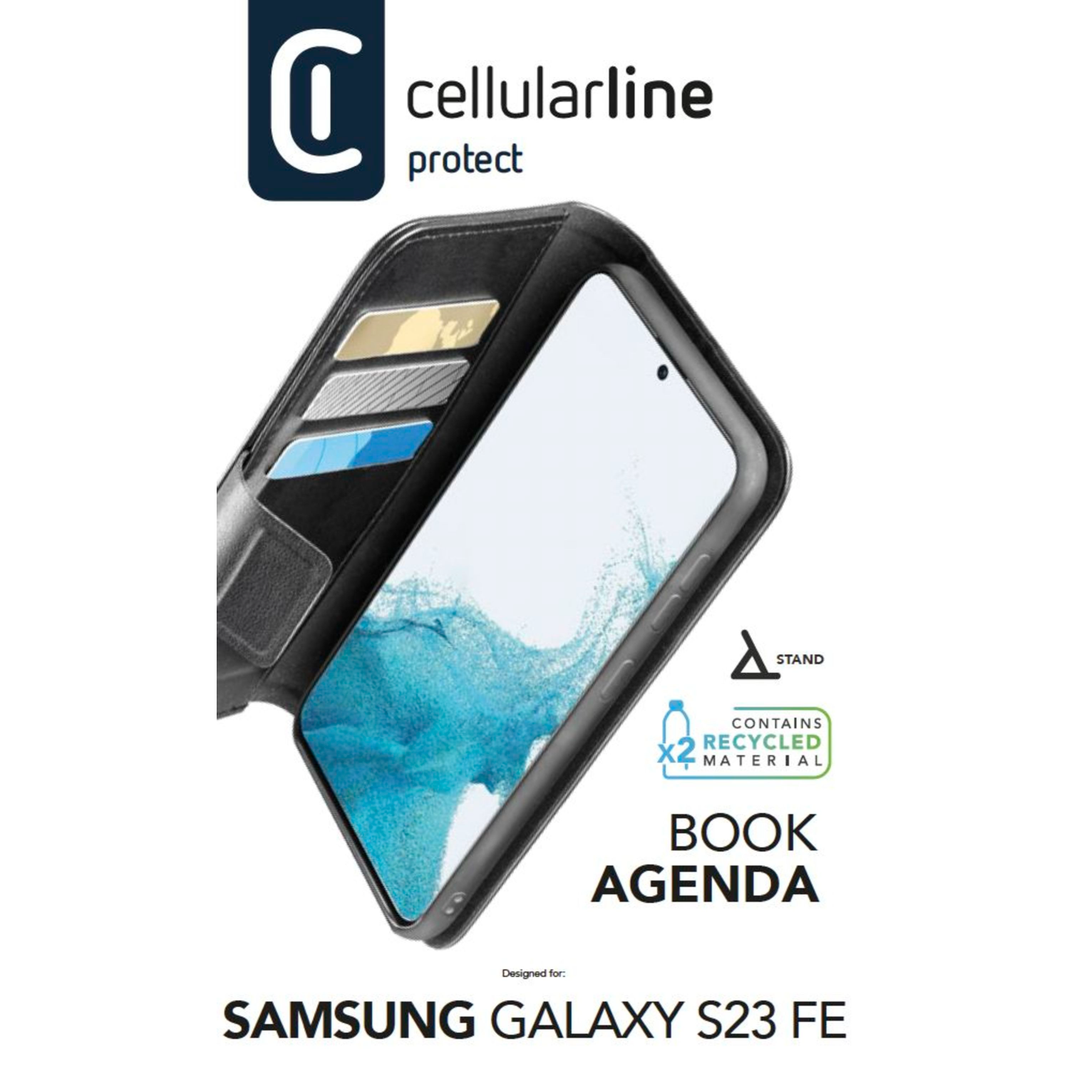 Telefoonhoesje met creditcardvakjes, open om een telefoonscherm te laten zien. De telefoon is een Samsung Galaxy S23 FE.
