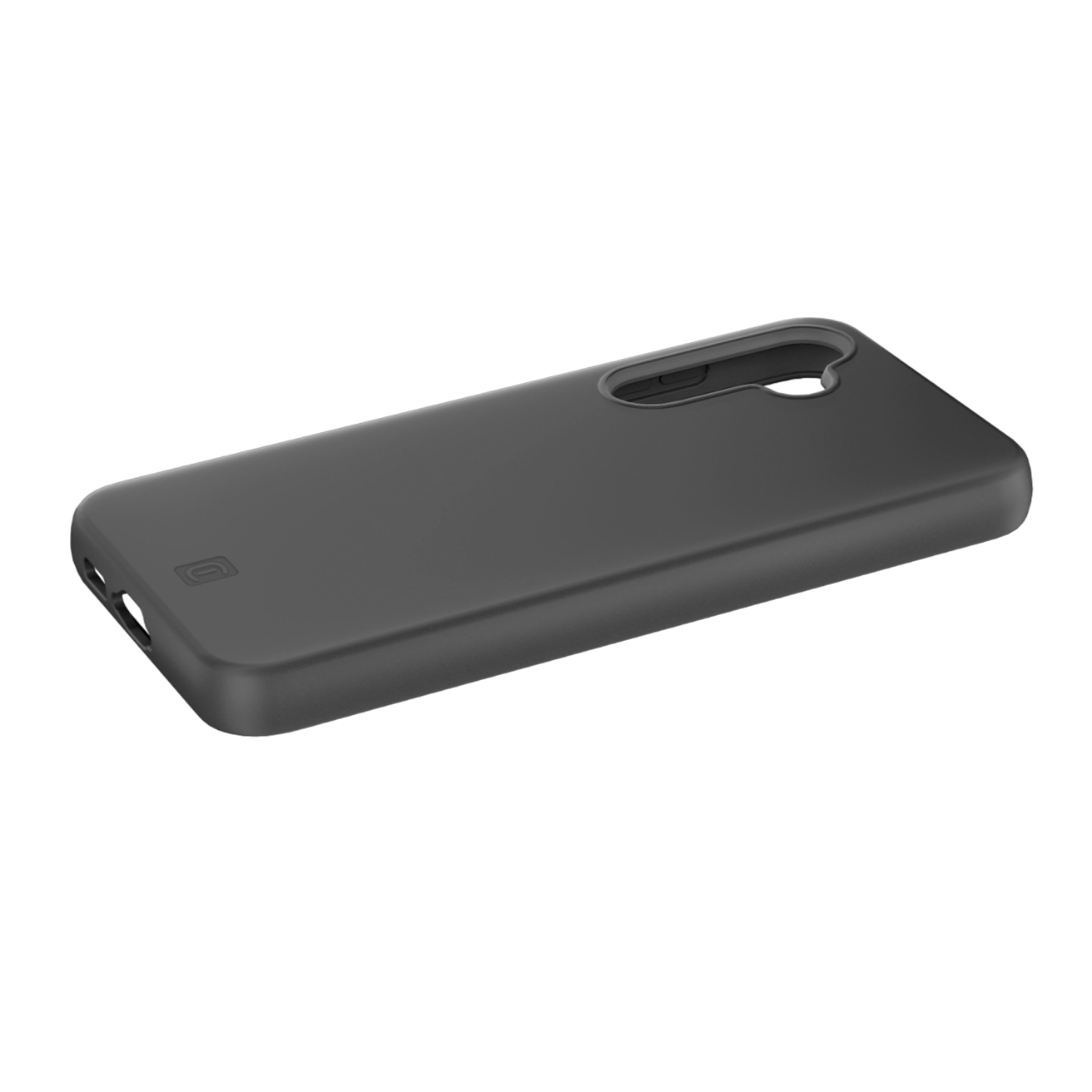 Zwarte telefoonhoes, met een klein logo, liggend op een zwarte achtergrond.
