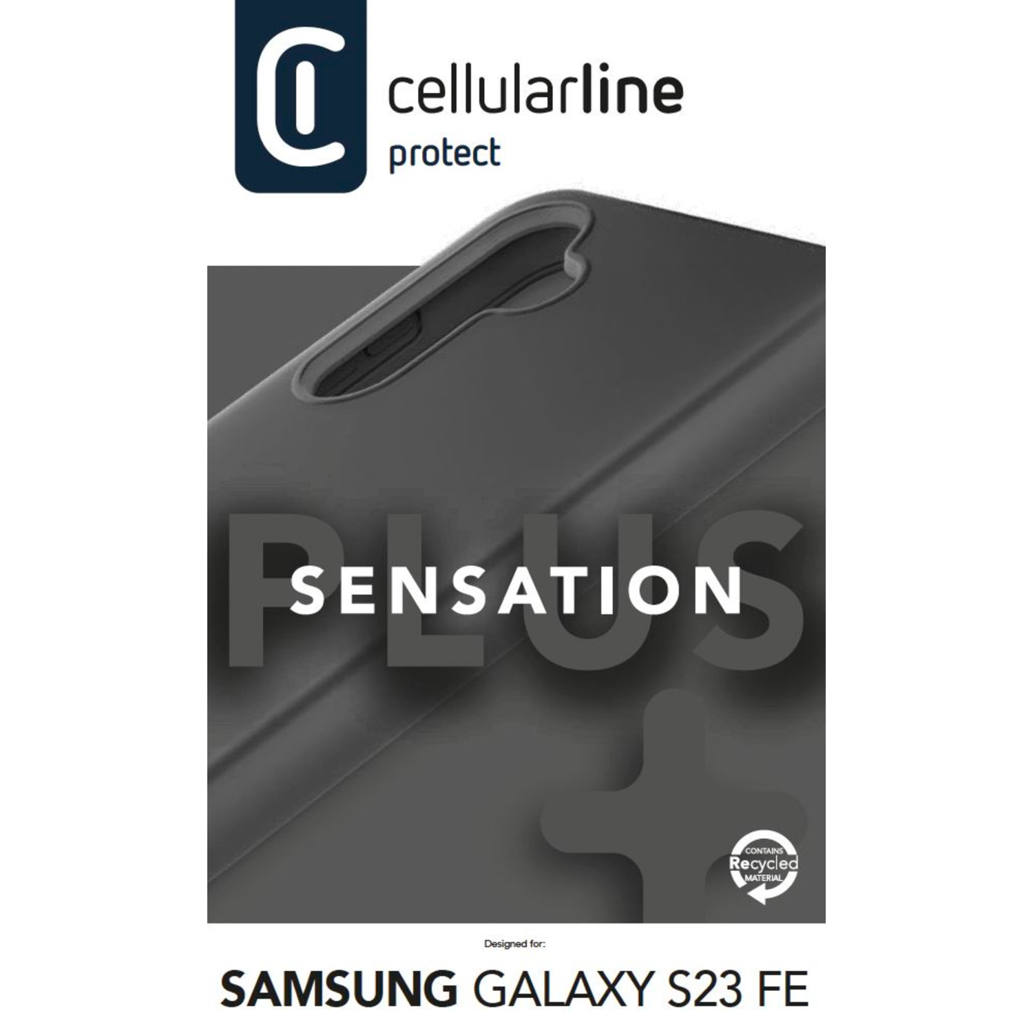 Zwarte telefoonhoes met tekst 'SENSATION PLUS'. Tekst onderaan: 'SAMSUNG GALAXY S23 FE'.