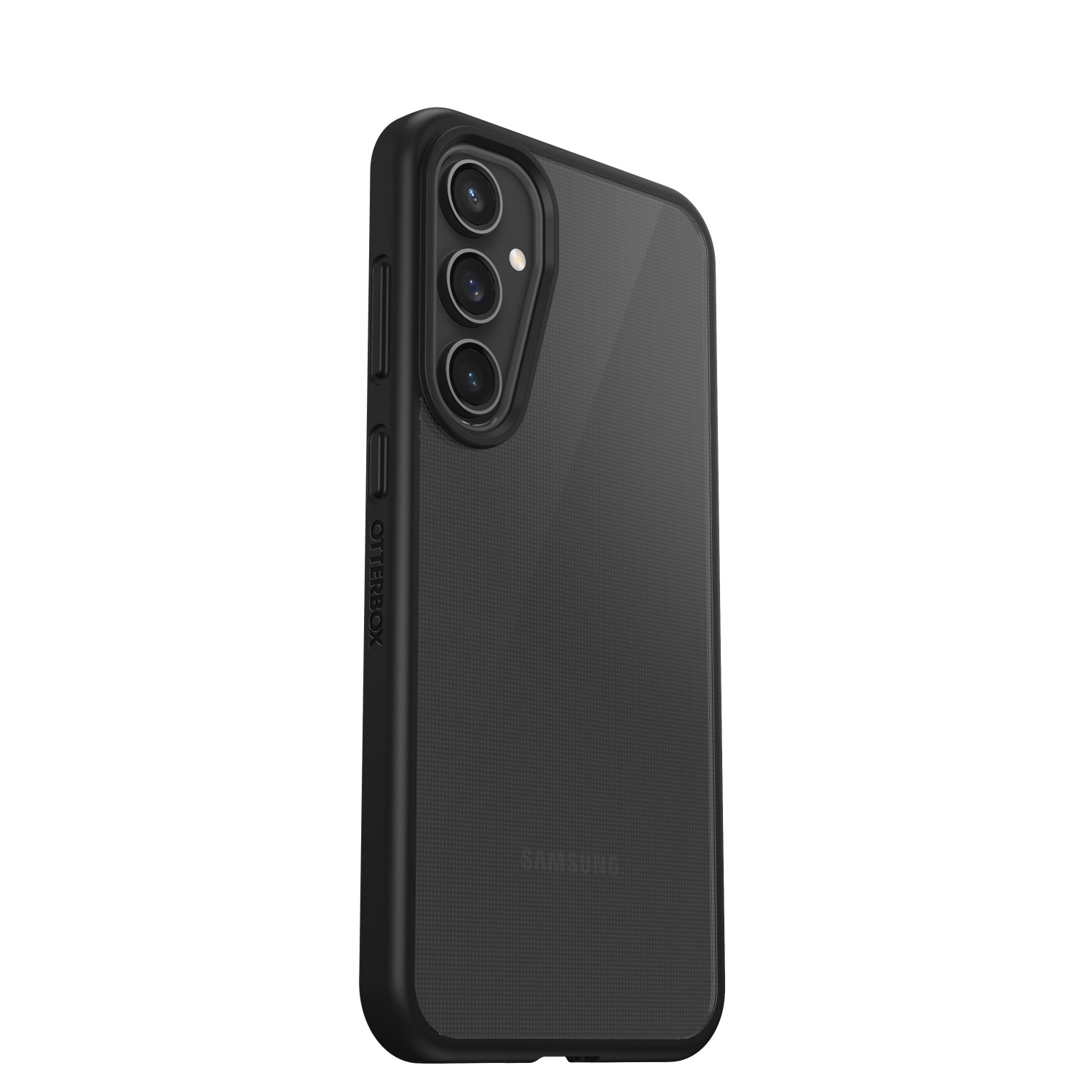 Zwarte telefoonhoes met drie cameralenzen, op zwarte achtergrond. Otterbox is afgedrukt.