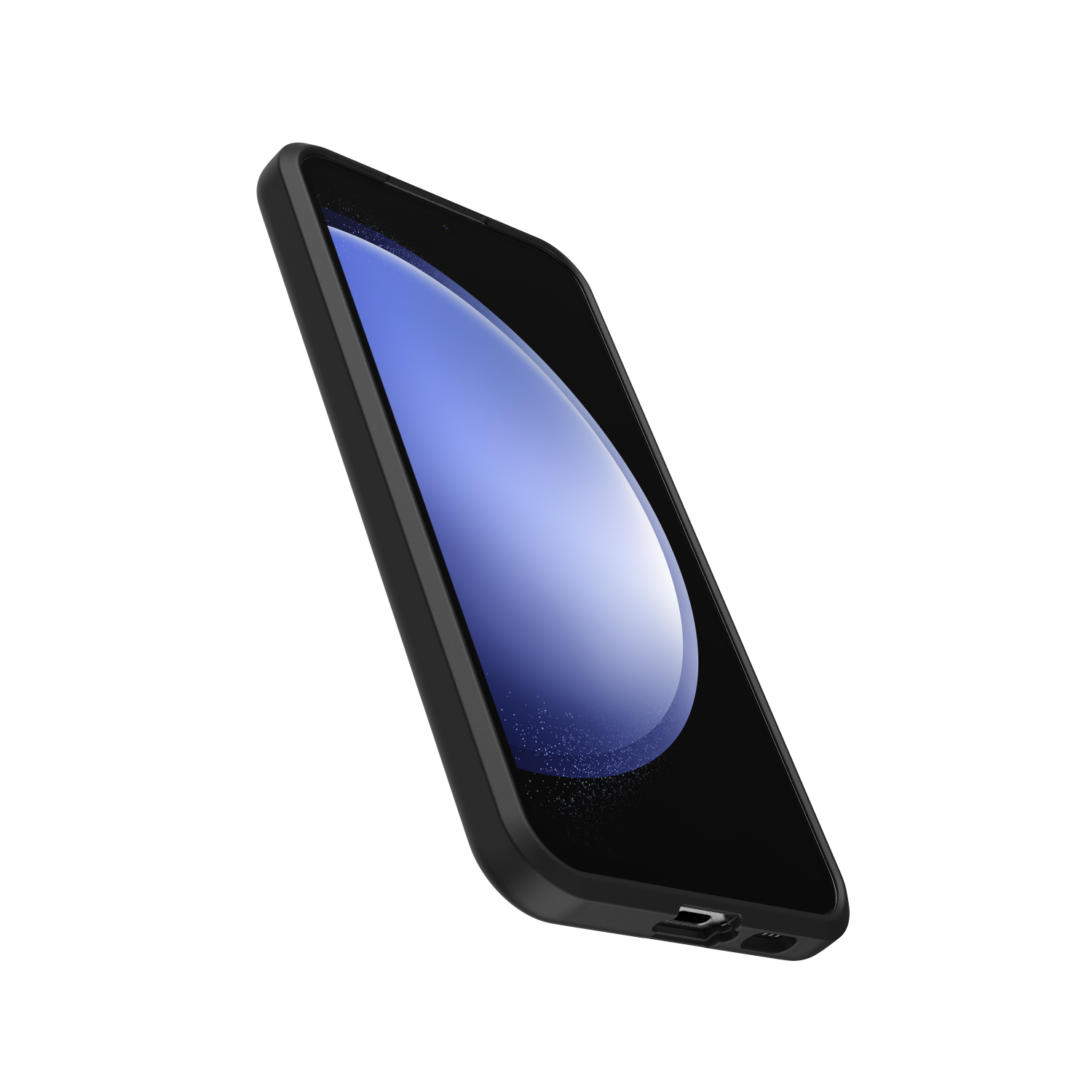 Zwarte smartphone met gebogen blauw scherm, zwevend in de lucht.