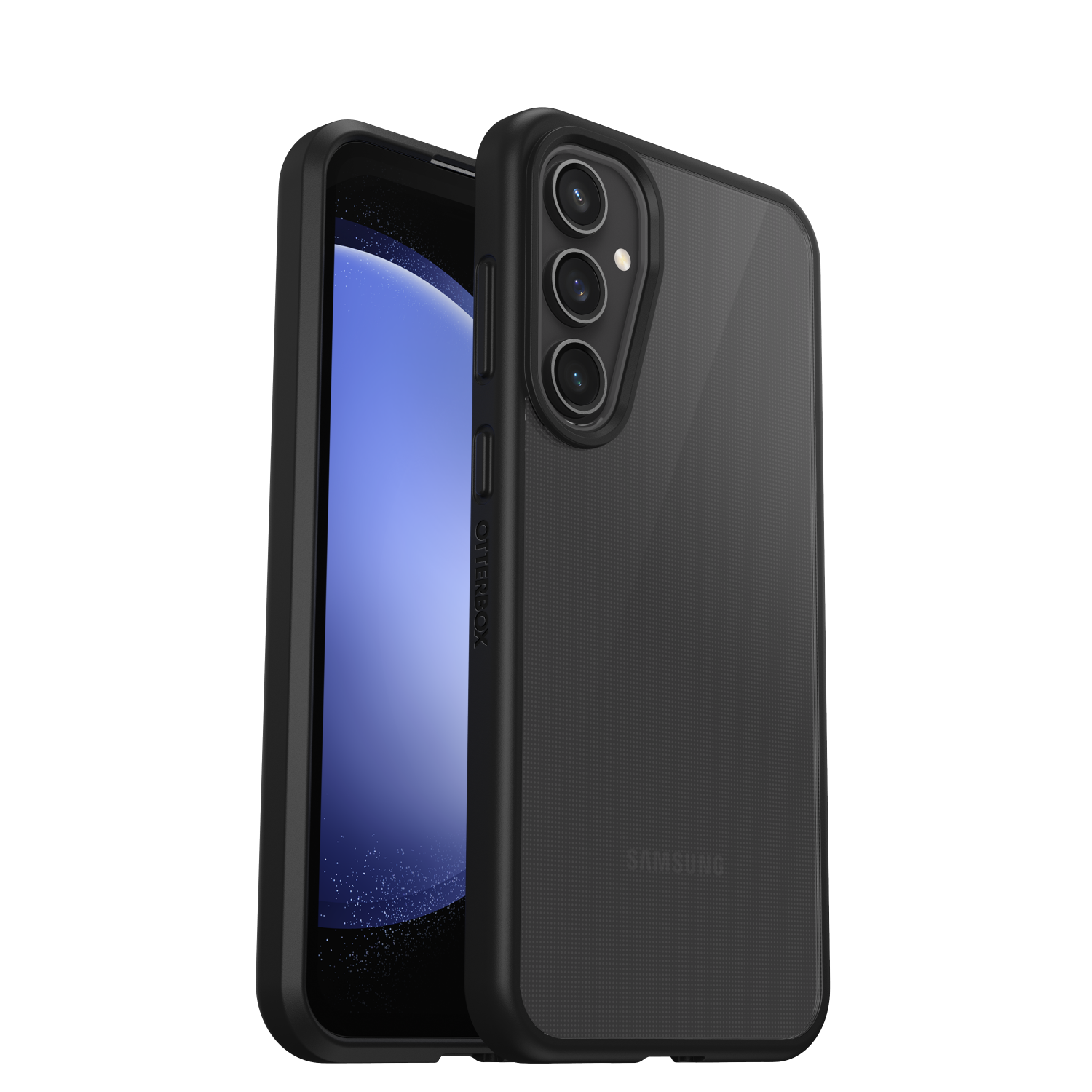 Een zwarte telefoonhoes met een telefoon erin, beide op een zwarte achtergrond.
