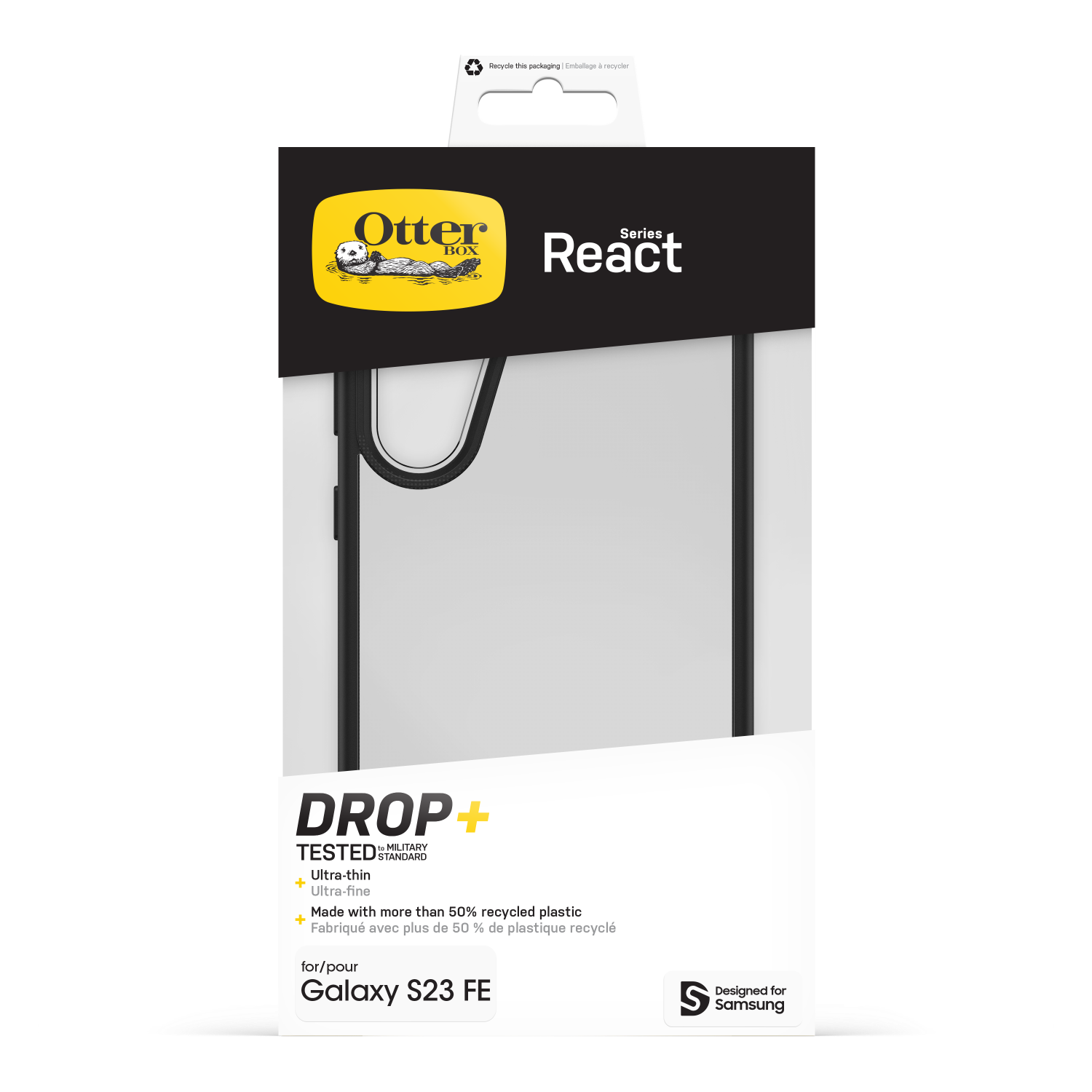 OtterBox React Series telefoonhoes verpakking; zwarte en transparante hoes, met het telefoonmodel op de doos.