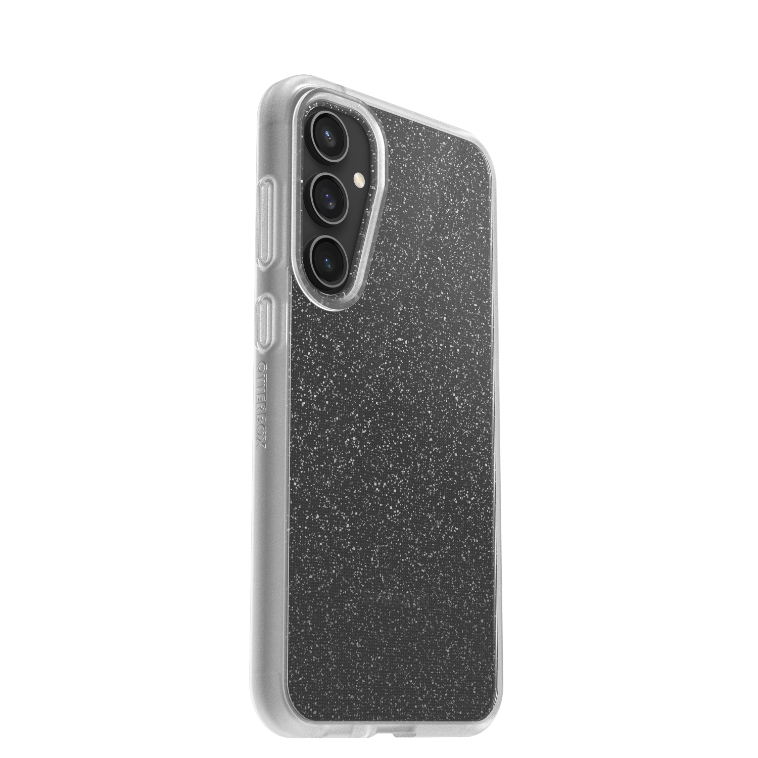 Een zwart-zilveren telefoonhoesje met een transparante rand. De telefoon heeft drie camera's.