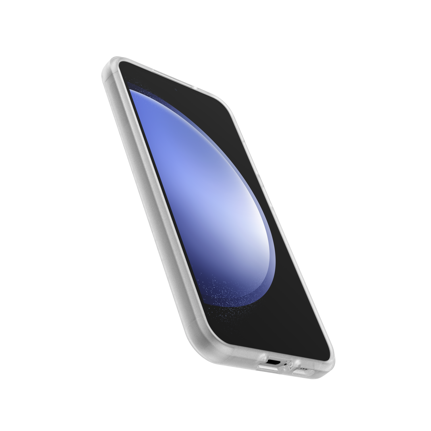 Een smartphone met een witte hoes, schuin. Het scherm toont een blauwe gradiënt.