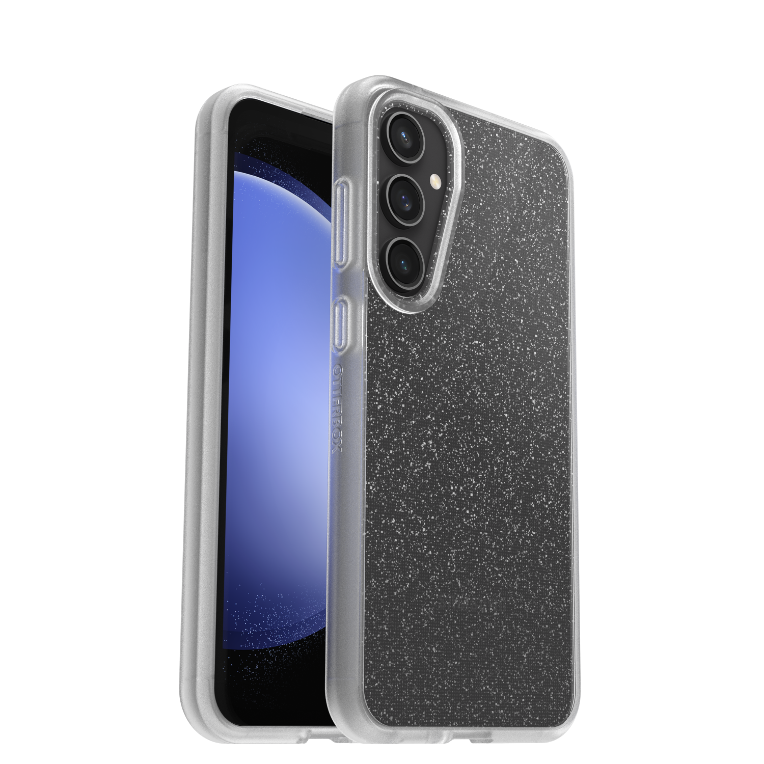 Een smartphone, omhuld in een doorzichtige hoes met glitter op de achterkant.