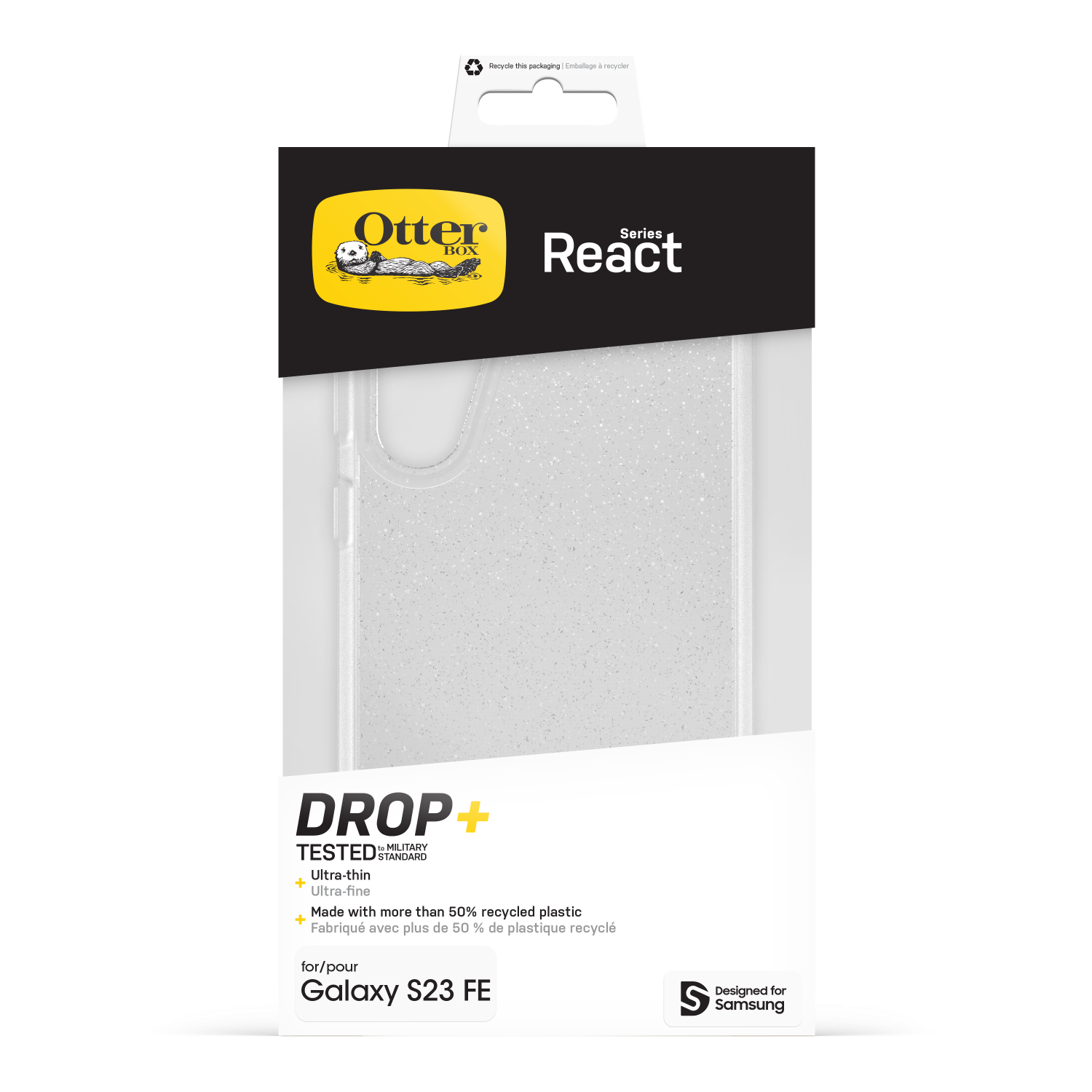 OtterBox React Series hoesje voor Galaxy S23 FE. Transparante hoes met glitter, in verpakking, ontworpen voor Samsung.