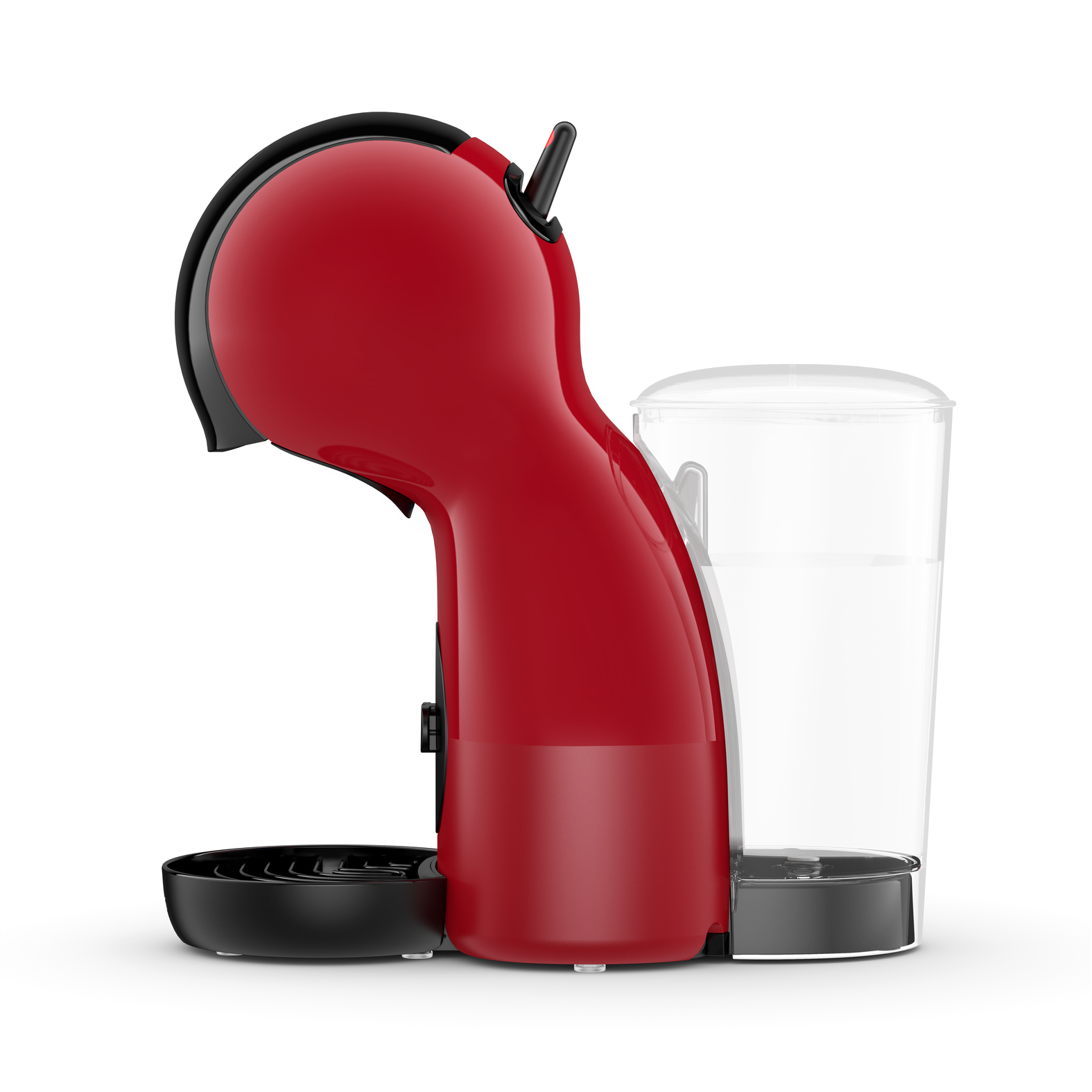 Piros-fekete Dolce Gusto kávéfőző, átlátszó víztartállyal jobbra.