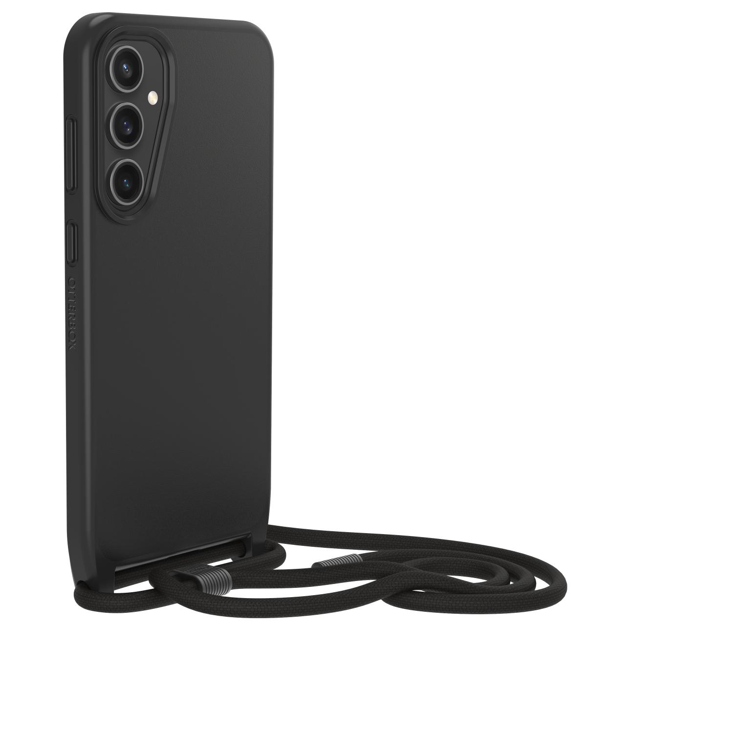 Een zwarte telefoonhoes met een koord eraan, met een zwarte camerabult.