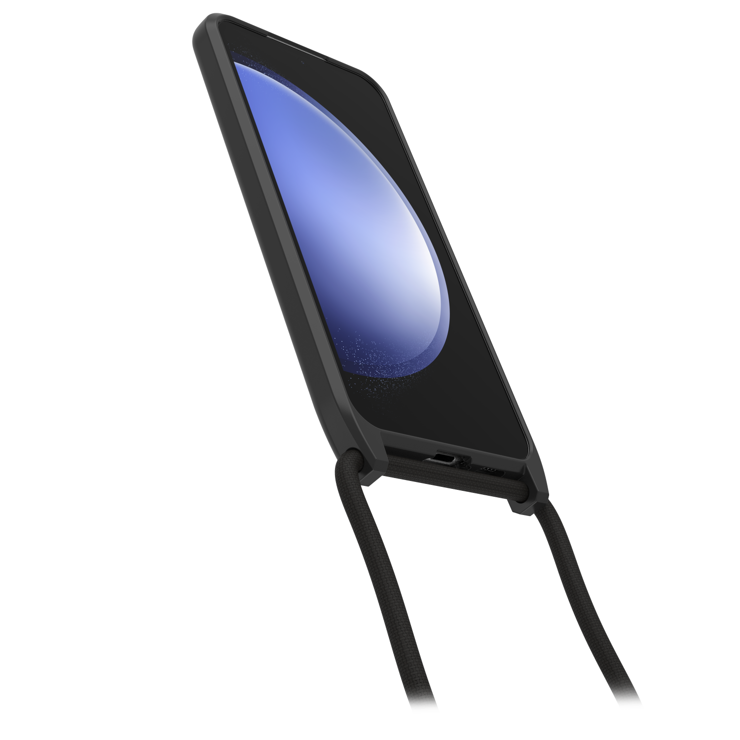 Zwarte telefoon met zwarte hoes en een koord, met een blauwe lichtreflectie op het scherm.