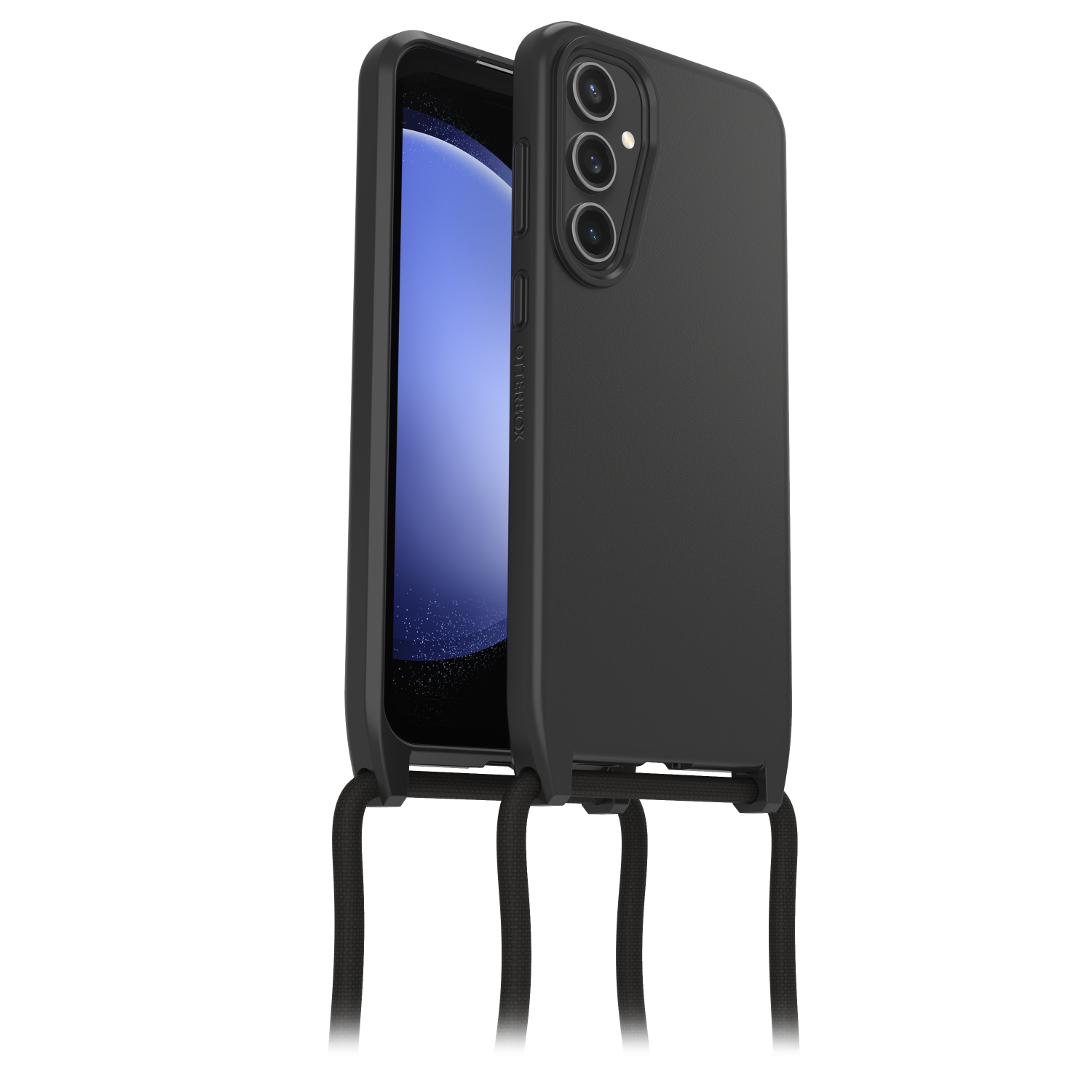 Zwarte telefoonhoes met een telefoon erin. Zwarte riem. Zwarte achtergrond.