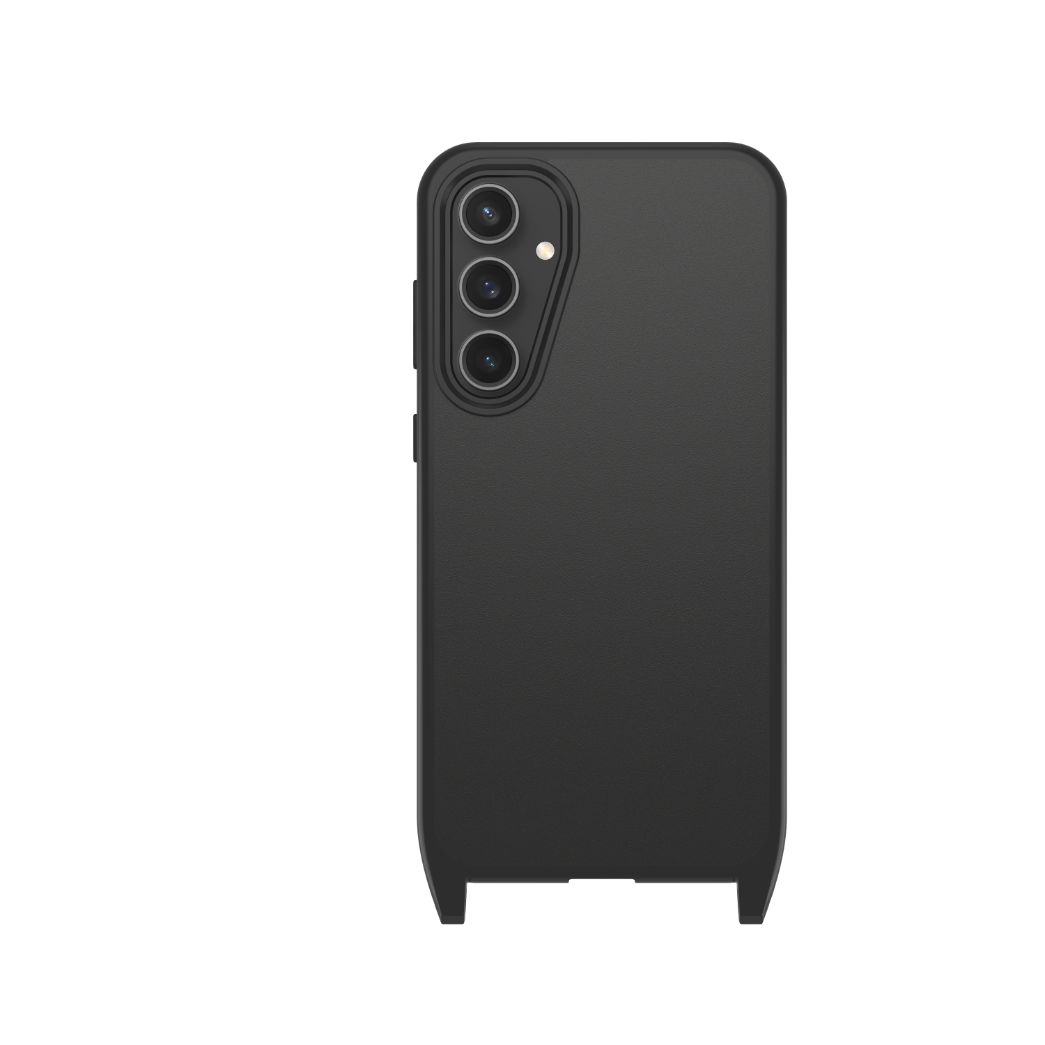 Een zwarte telefoonhoes met 3 cameralenzen en een gestructureerde achterkant.