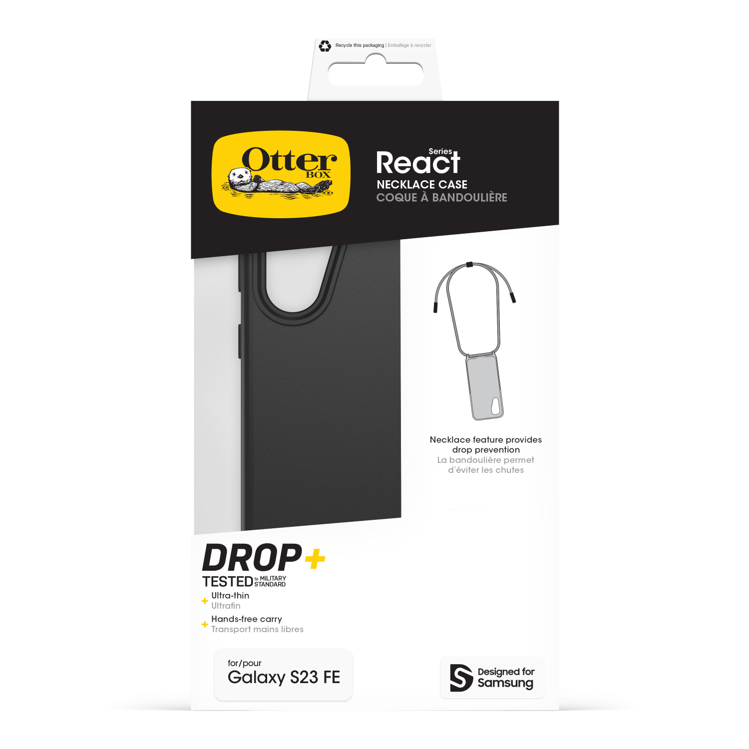Zwarte telefoonhoesjesdoos met OtterBox-logo, Galaxy S23 FE-label en een illustratie van een kettinghoesje.