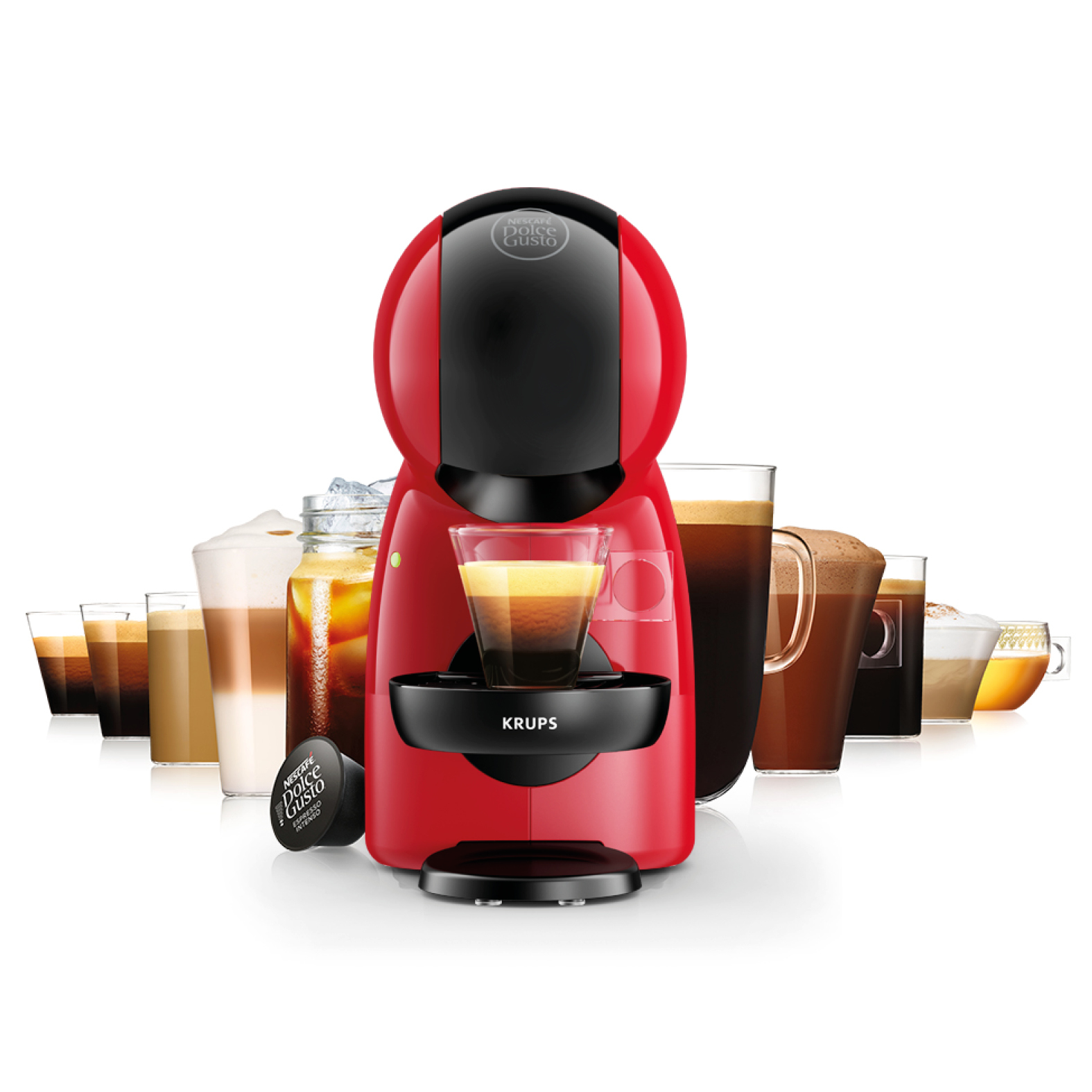 Piros Krups Dolce Gusto kávéfőző, különböző kávéitalokkal a háttérben.