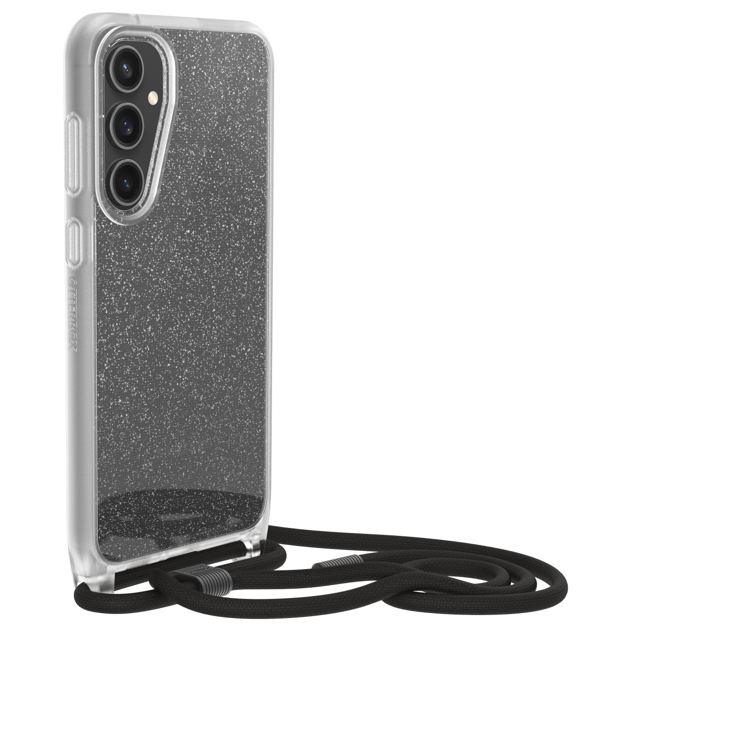 Een telefoonhoesje met een glitterende achterkant, drie camera's en een zwart koord.