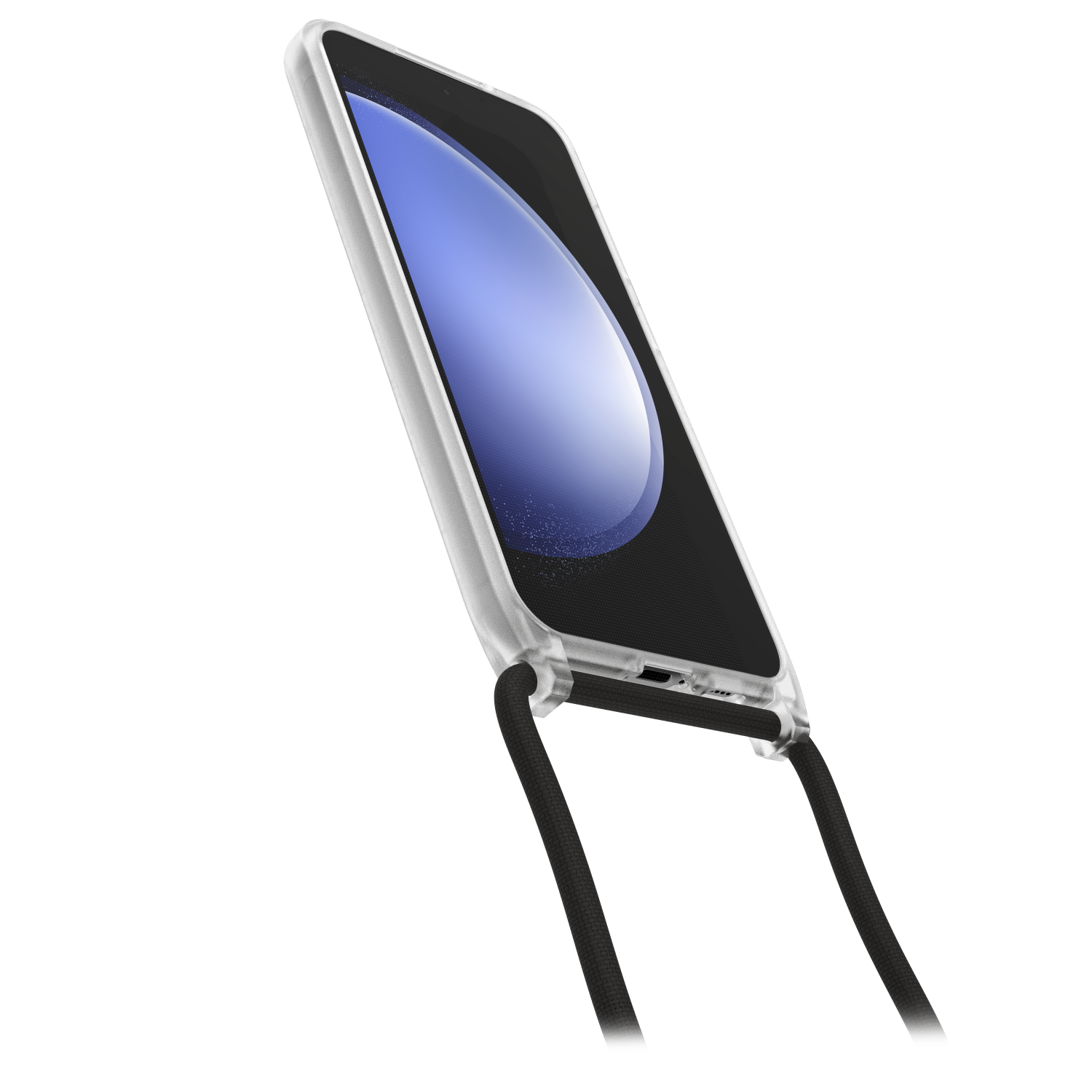 Een telefoon met een doorzichtige hoes en een zwarte band, schuin, met een blauw scherm.