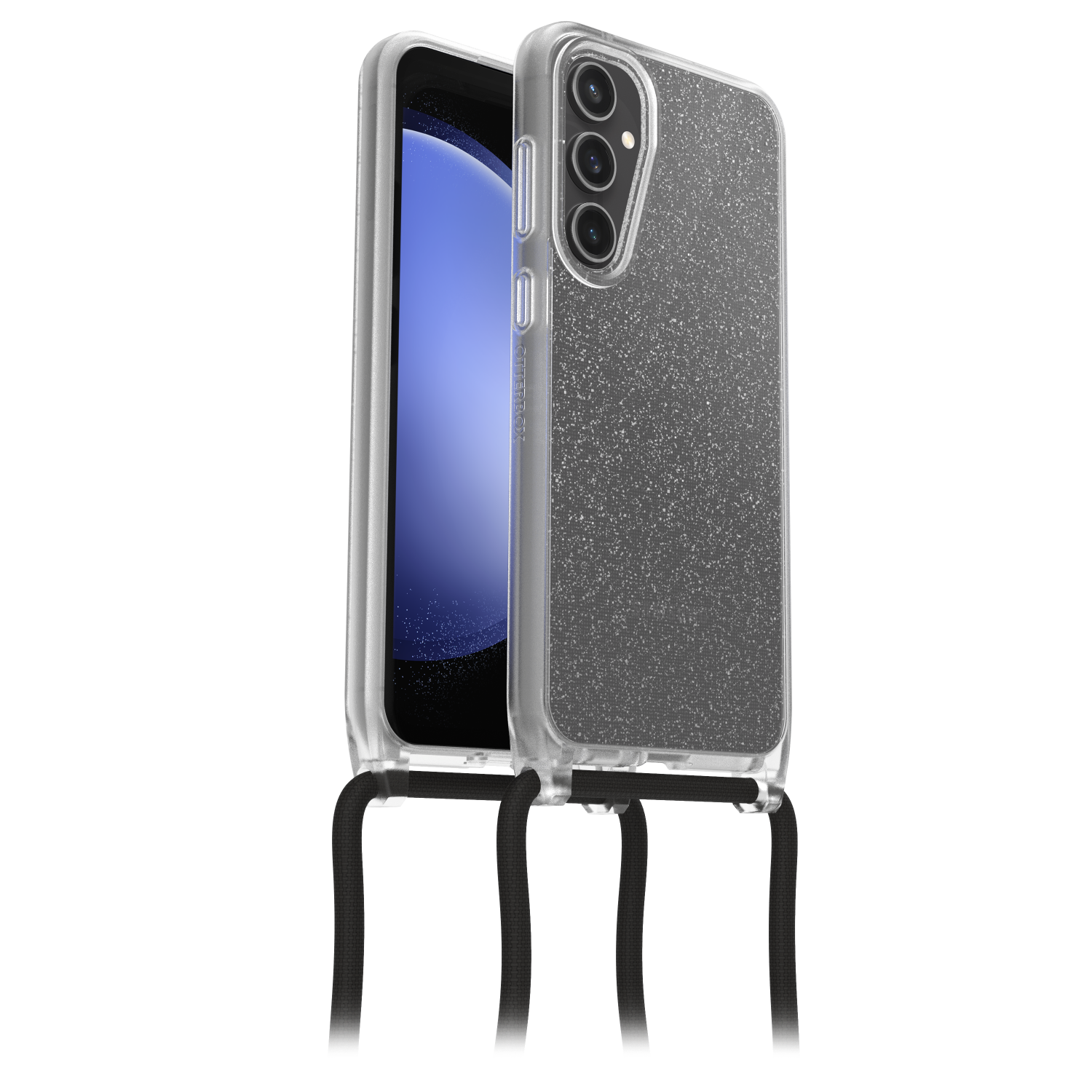 Telefoon in een hoesje met een draagriem. Zwarte riem en telefoonhoesje.