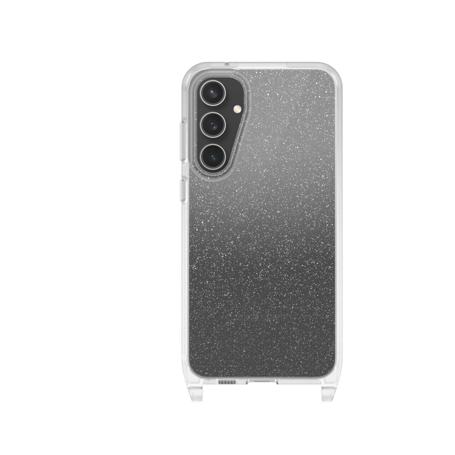 Een telefoonhoesje met een sprankelend ontwerp, met een zwarte achtergrond. De hoes heeft drie cameralenzen.