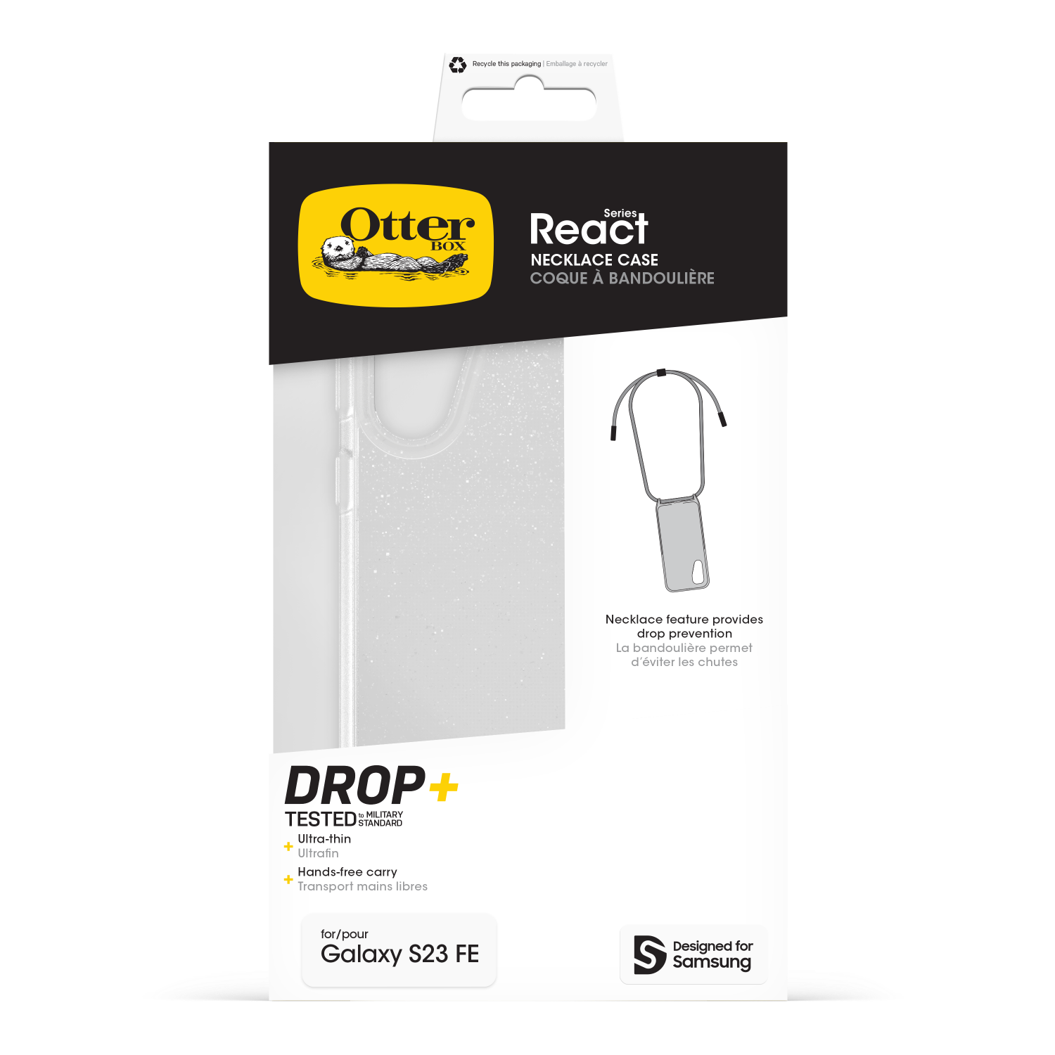 Otterbox React telefoonhoesje voor Samsung Galaxy S23 FE. Inclusief een koord. Witte achtergrond.