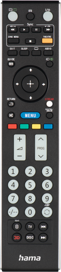 Fekete távirányító számos gombbal a TV, 3D, lemez és menü funkciókhoz.