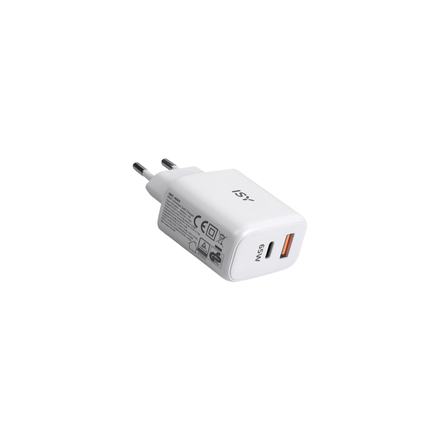 White ISY charger with two prongs and USB-C port. Black background. Angled shot.
