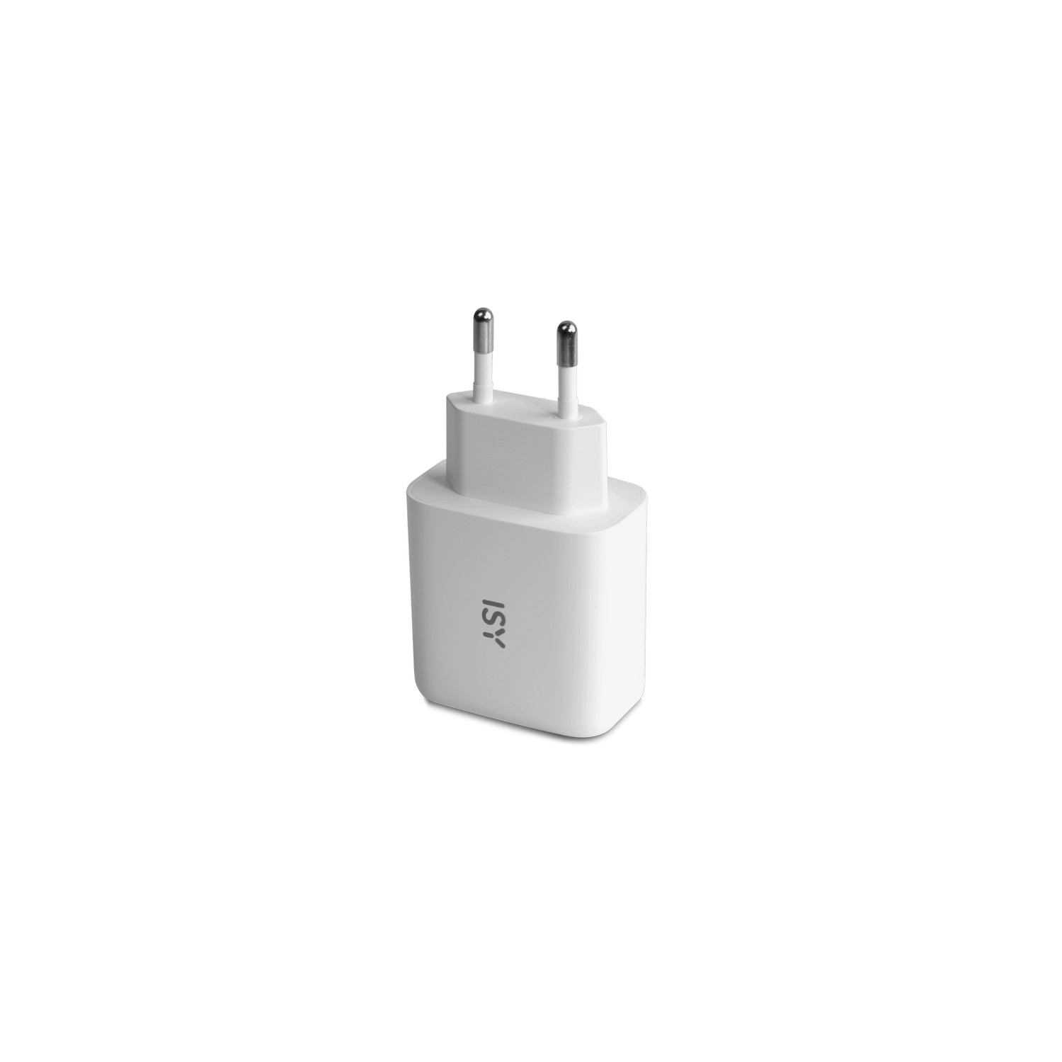 A white wall charger with two metal prongs. The brand name 'ISY' is visible.