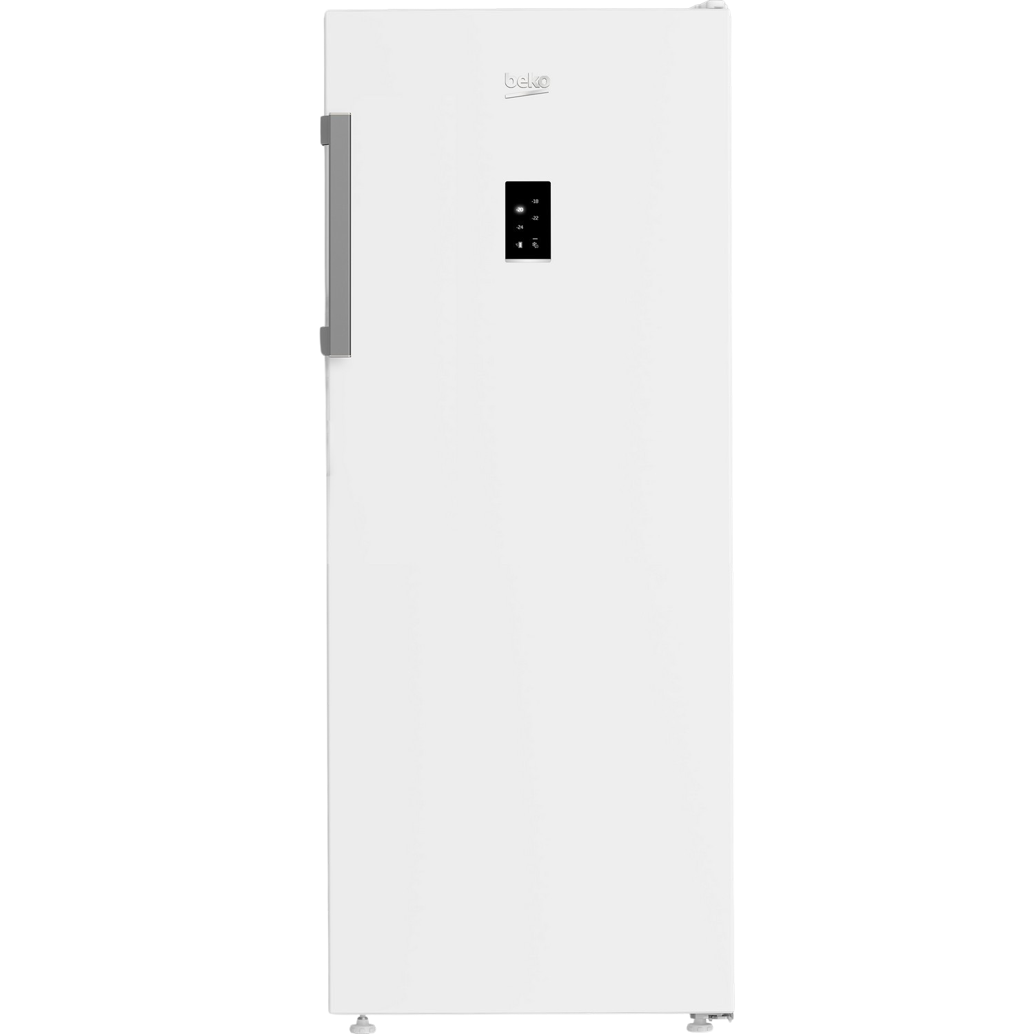 Congélateur vertical Beko blanc. Design simple avec poignée et affichage numérique. Fond noir.