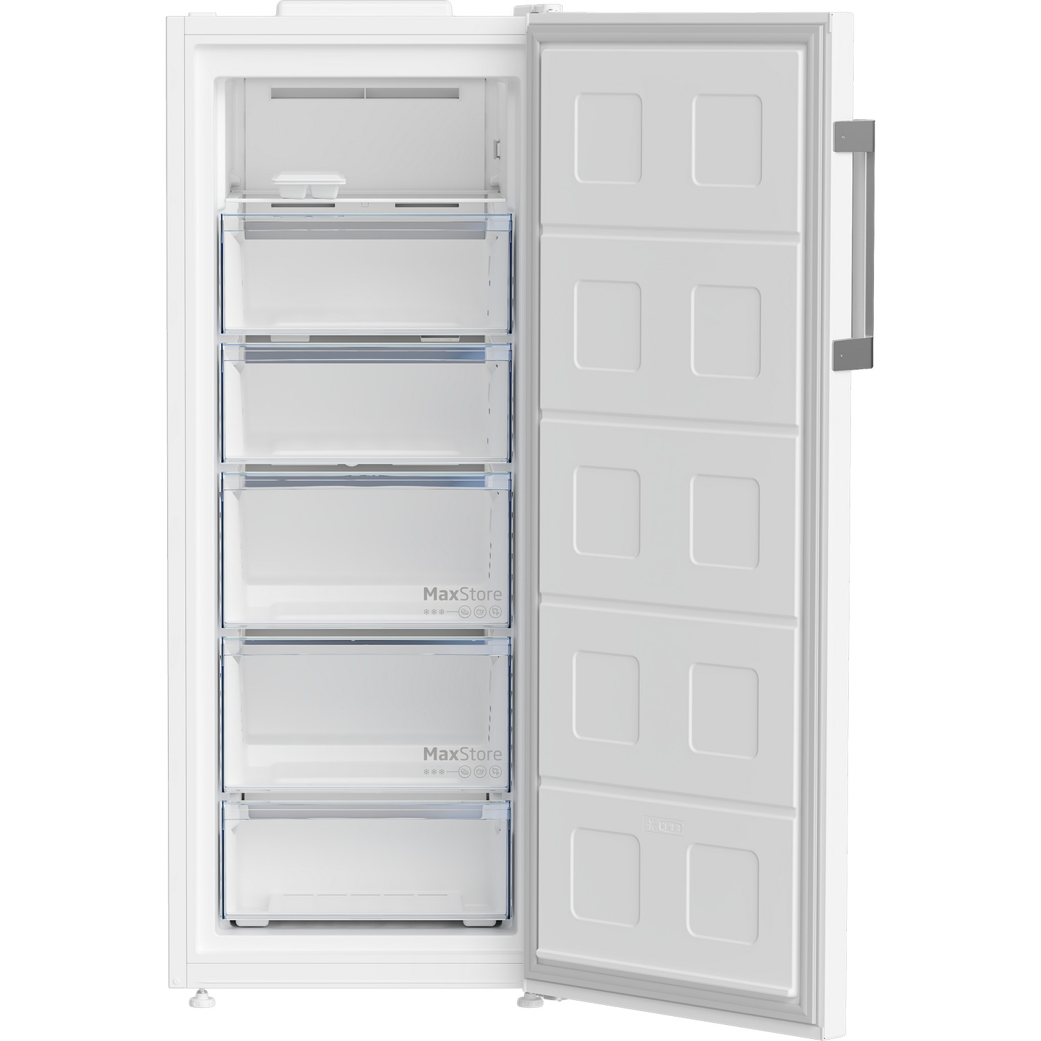 Réfrigérateur blanc avec porte ouverte montrant étagères et tiroirs, intérieur blanc.